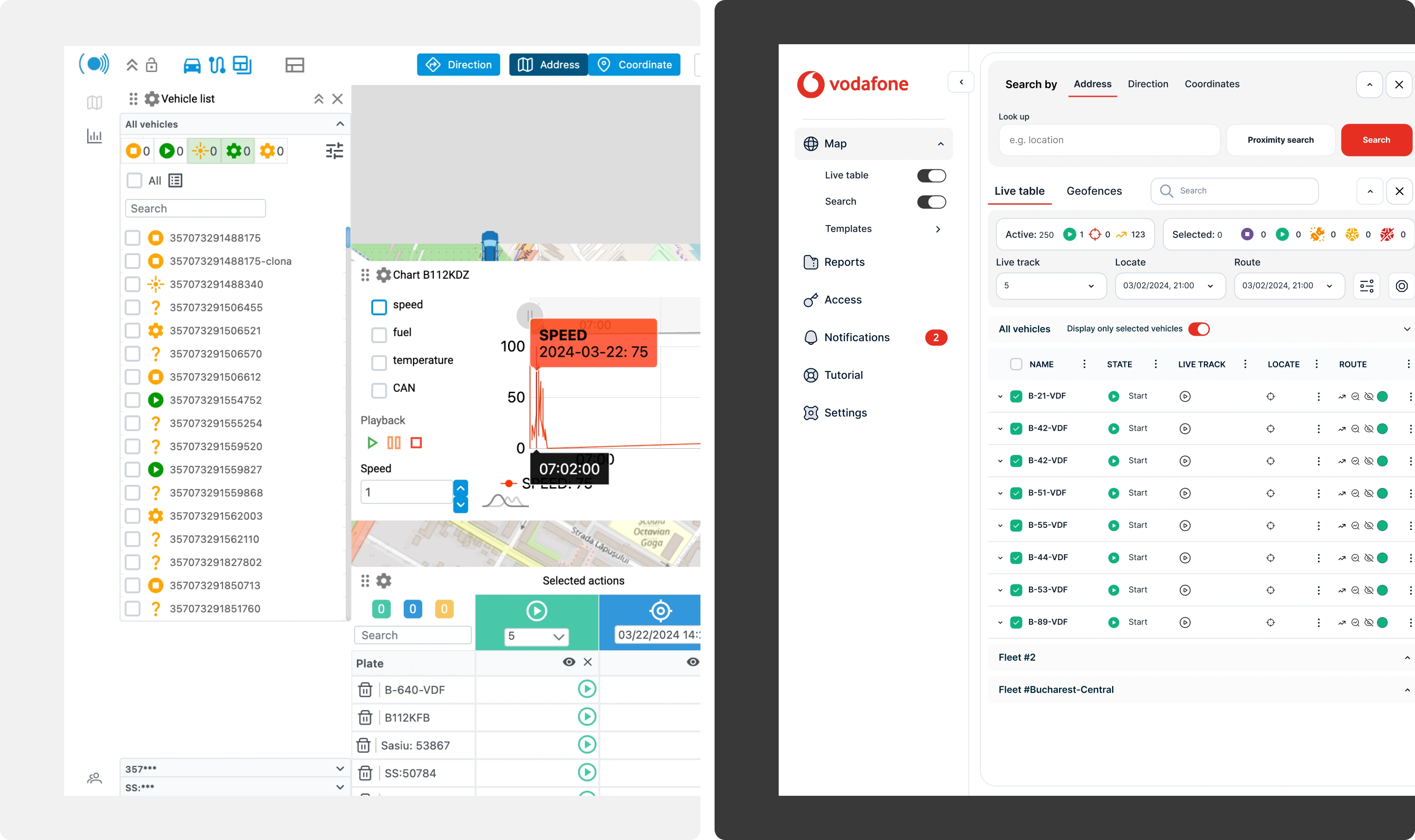 Dual screens showing vehicle tracking and fleet management dashboards with lists, maps, and live data controls.