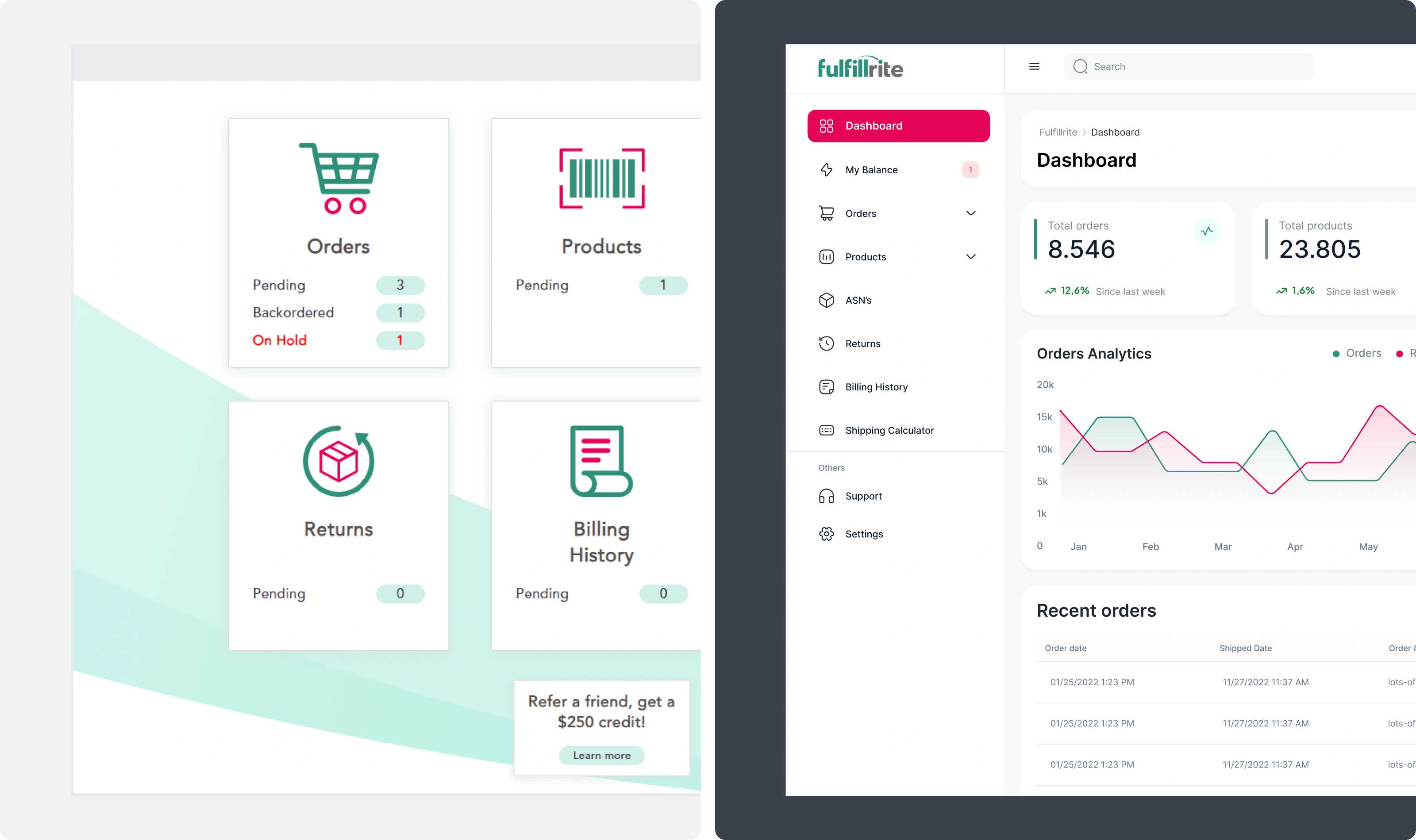 Two dashboard screens showing inventory management stats, sales increase, stock-out reduction, and AI alerts.
