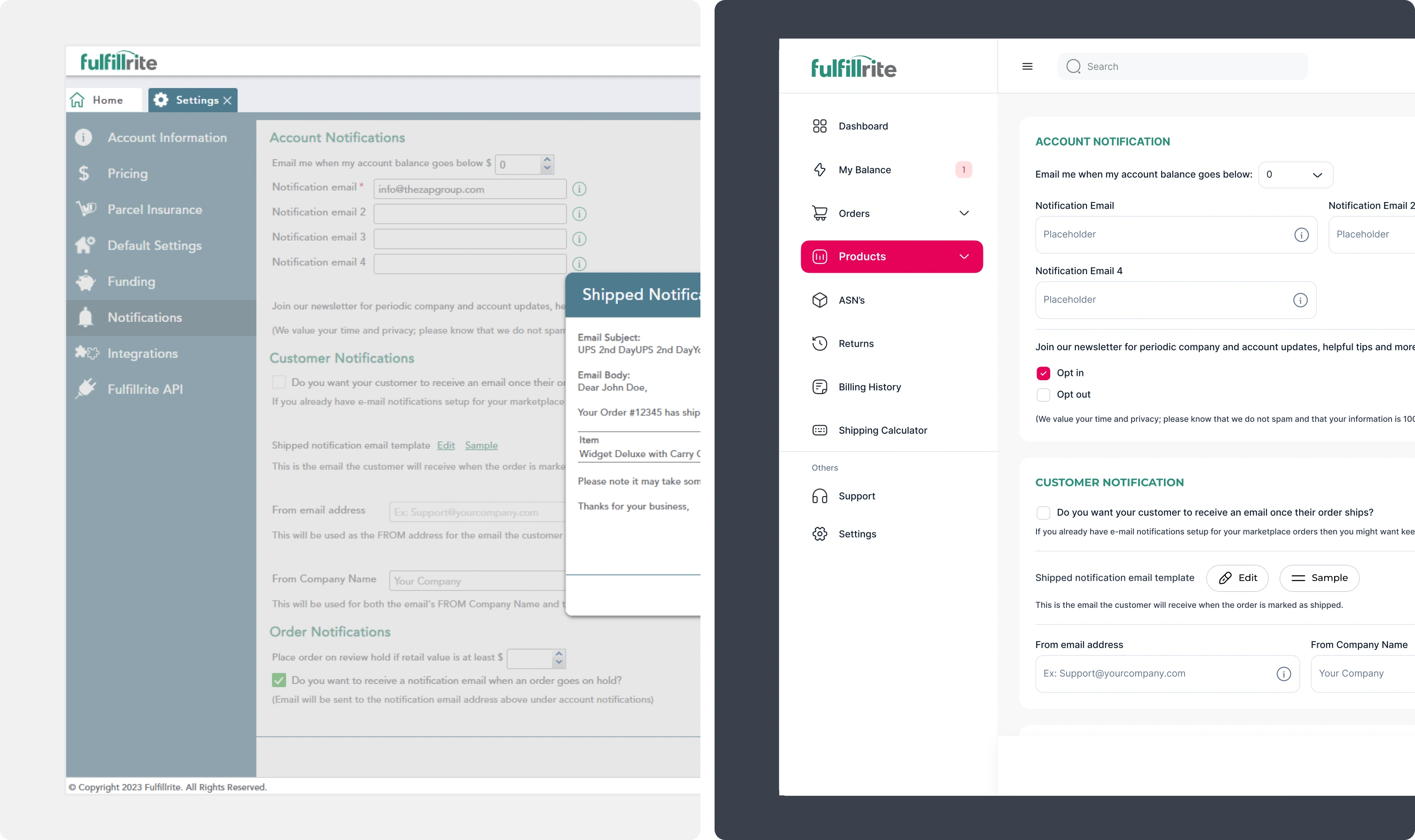 Two dashboard screens showing inventory management stats, sales increase, stock-out reduction, and AI alerts.