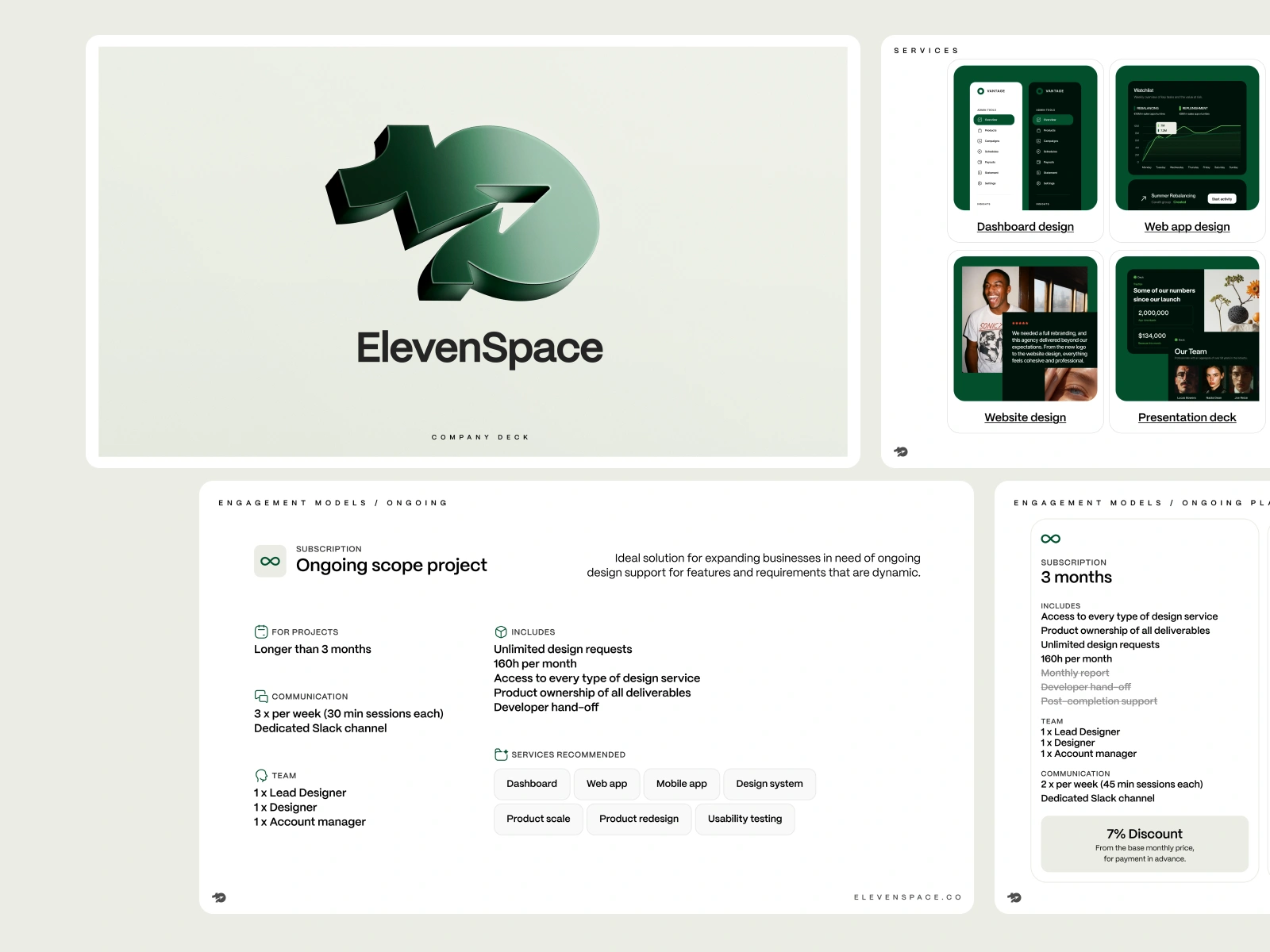 ElevenSpace company deck showing subscription plans, services, and engagement models for design projects.