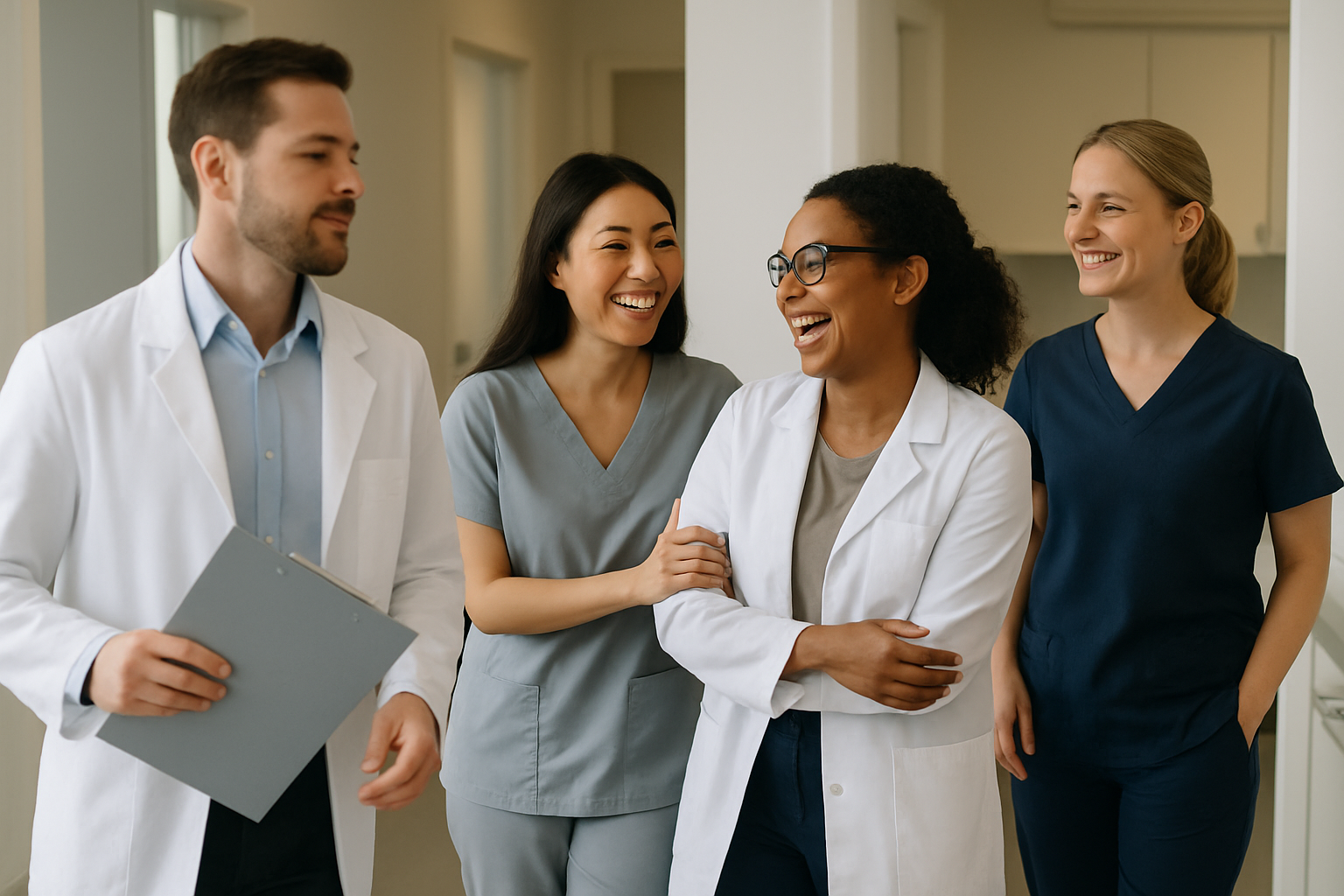 Four diverse healthcare professionals smiling and walking together in a hospital corridor.