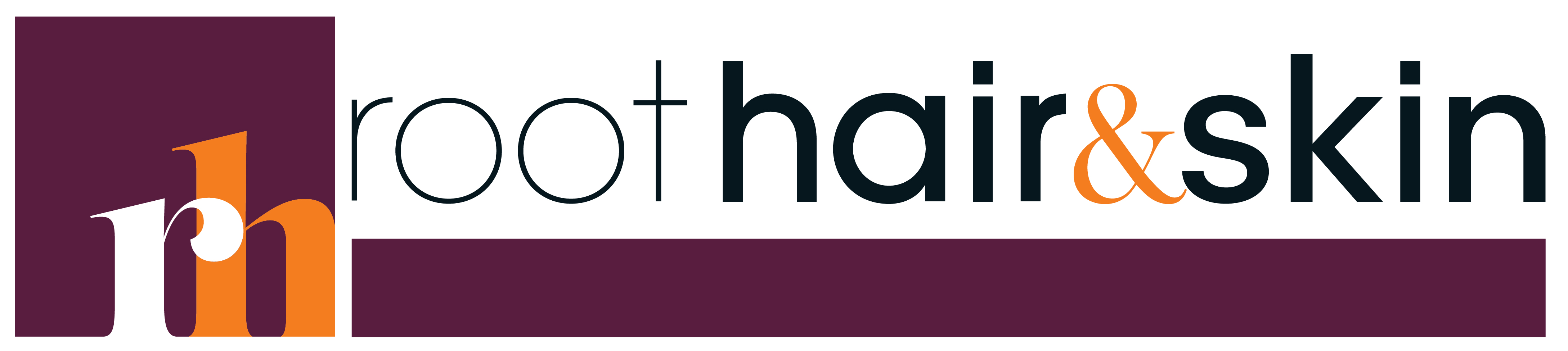 Root Hair & Skin logo with stylized purple and orange letters rh beside the text root hair & skin.