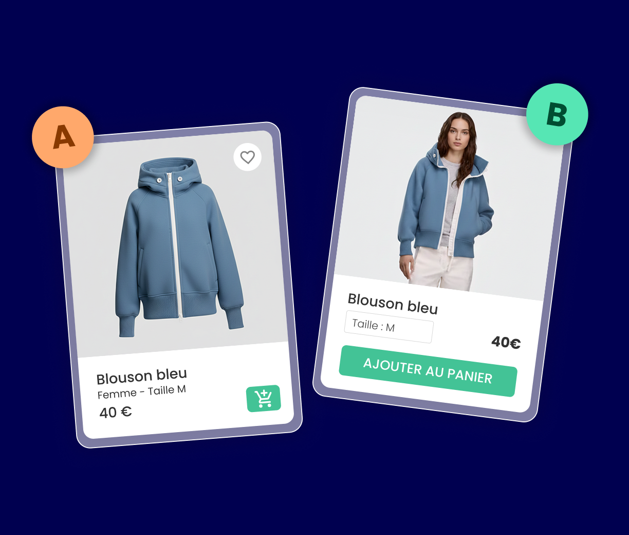 Visuel qui met en avant l'A/B Test E-Commerce de deux fiches produits avec une variante sur la forme du call-to-action qui permet d'ajouter au panier un article