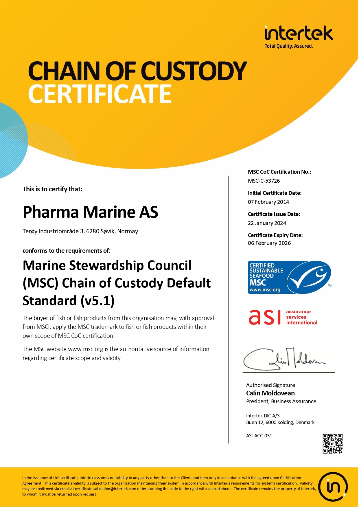 chain of custody certificate