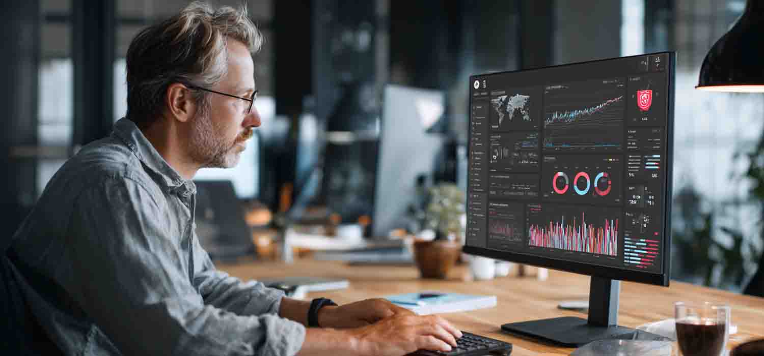 Business owner reviewing a cybersecurity dashboard after discovering a virus informatique alert