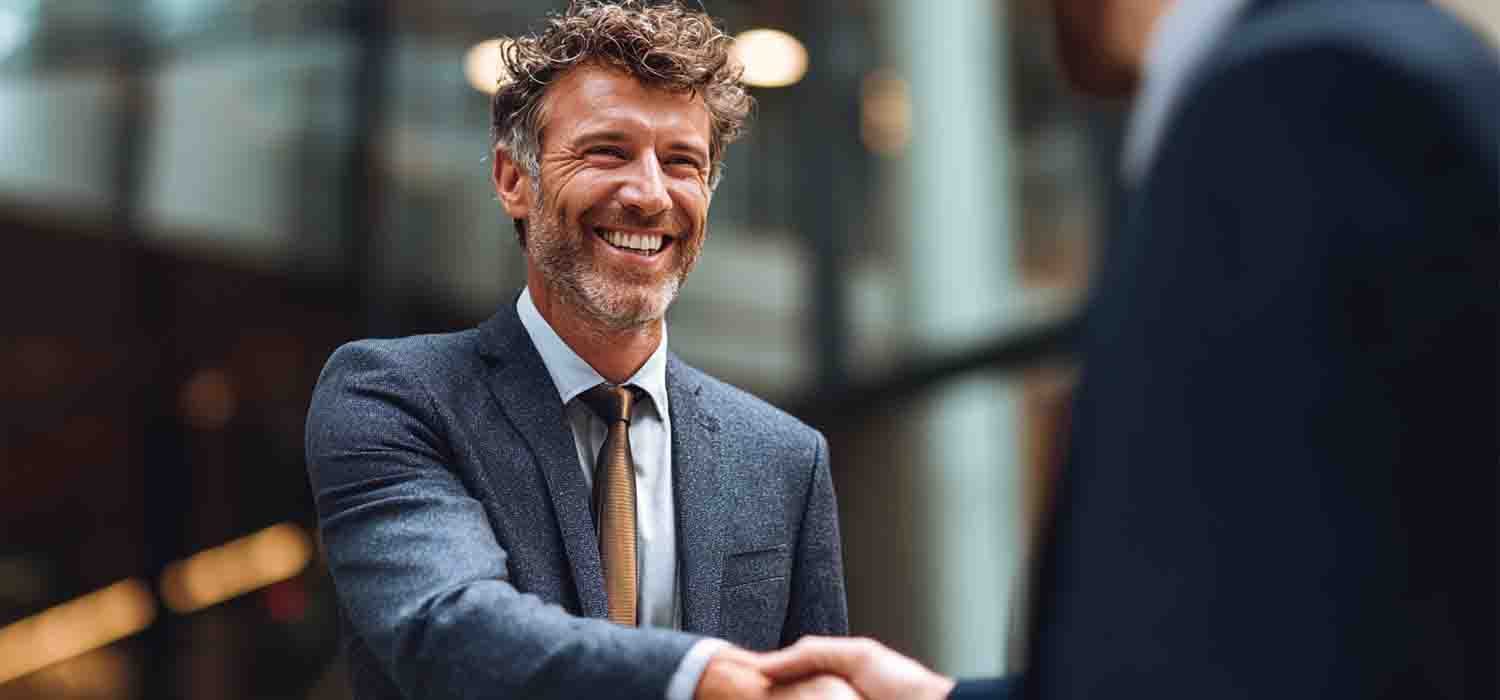 Confident entrepreneur shaking hands with a société representative after outsourcing son parc informatique