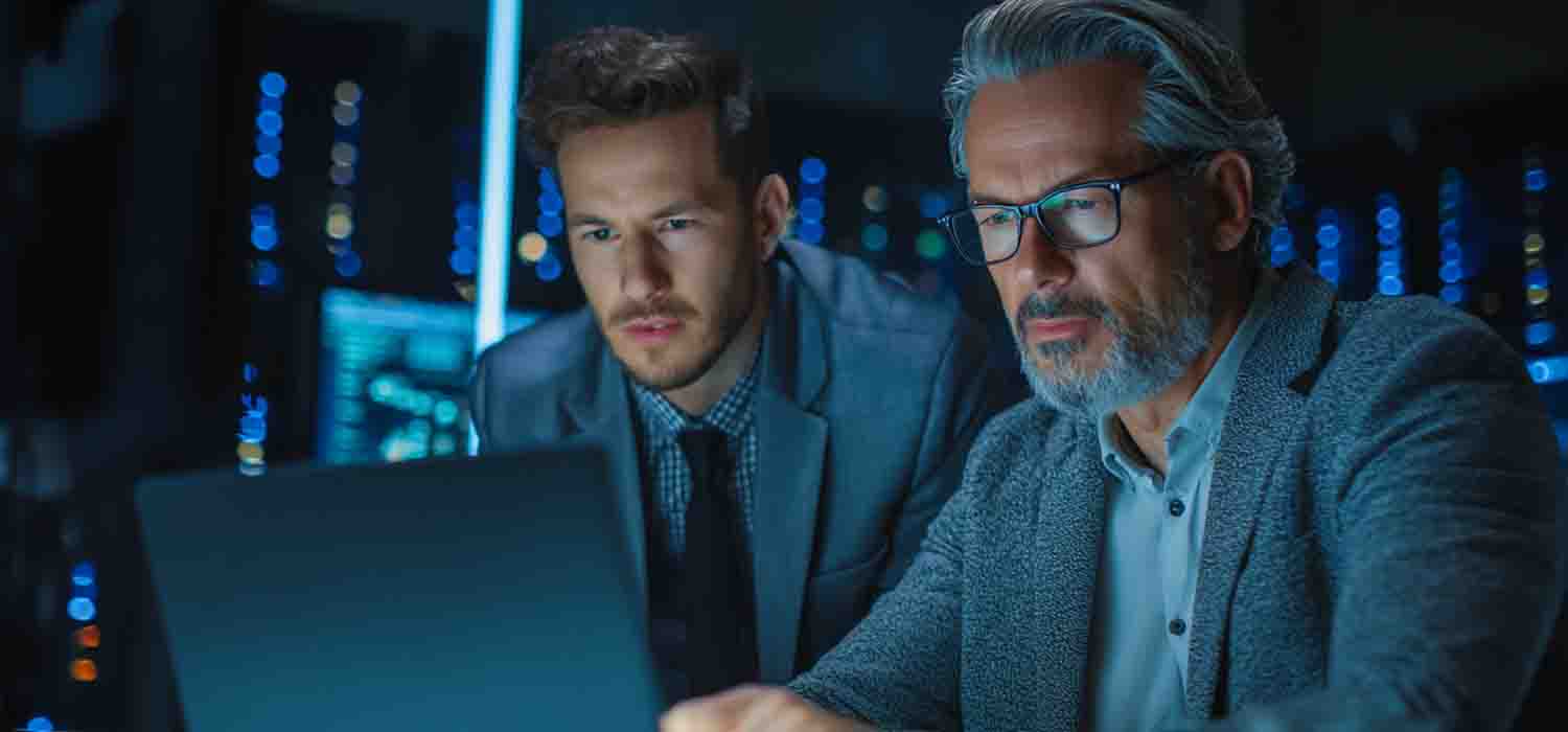 Business owner reviewing data security strategy with an infogérance consultant on a laptop screen