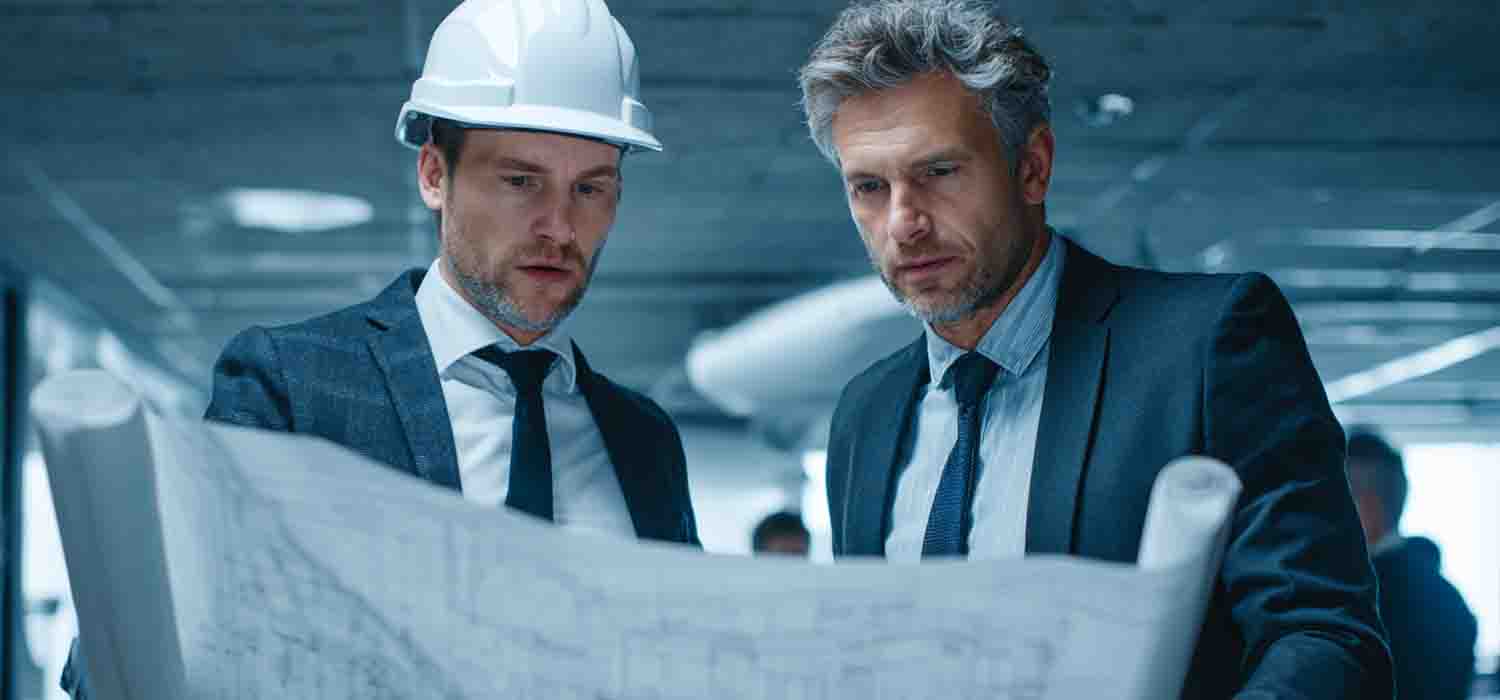 Dirigeant d’entreprise examinant un plan d’infrastructure réseau avec un consultant IT
