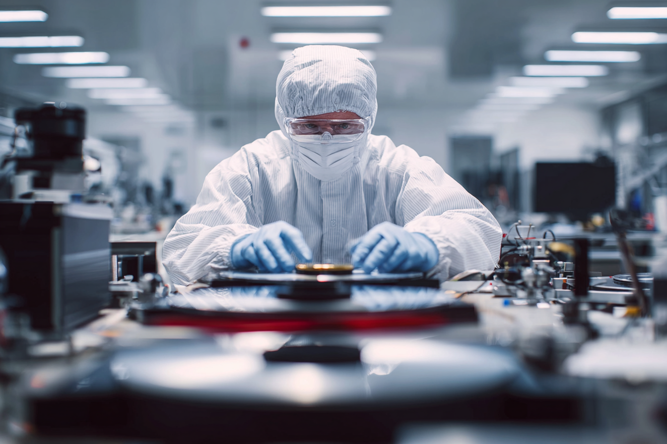 technicien manipulant un disque dur dans une salle blanche
