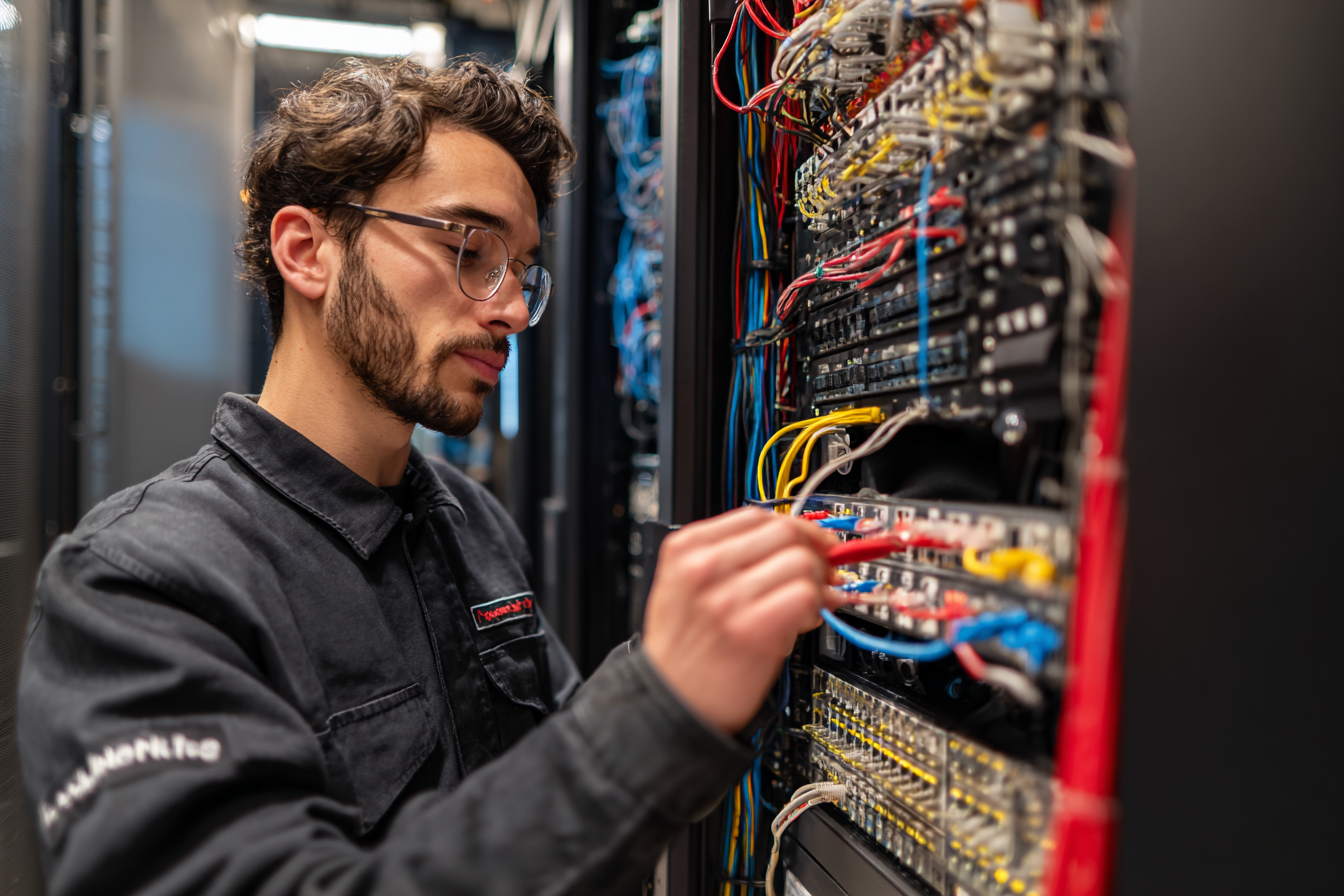 technicien effectuant la maintenance d’un serveur dans une salle informatique