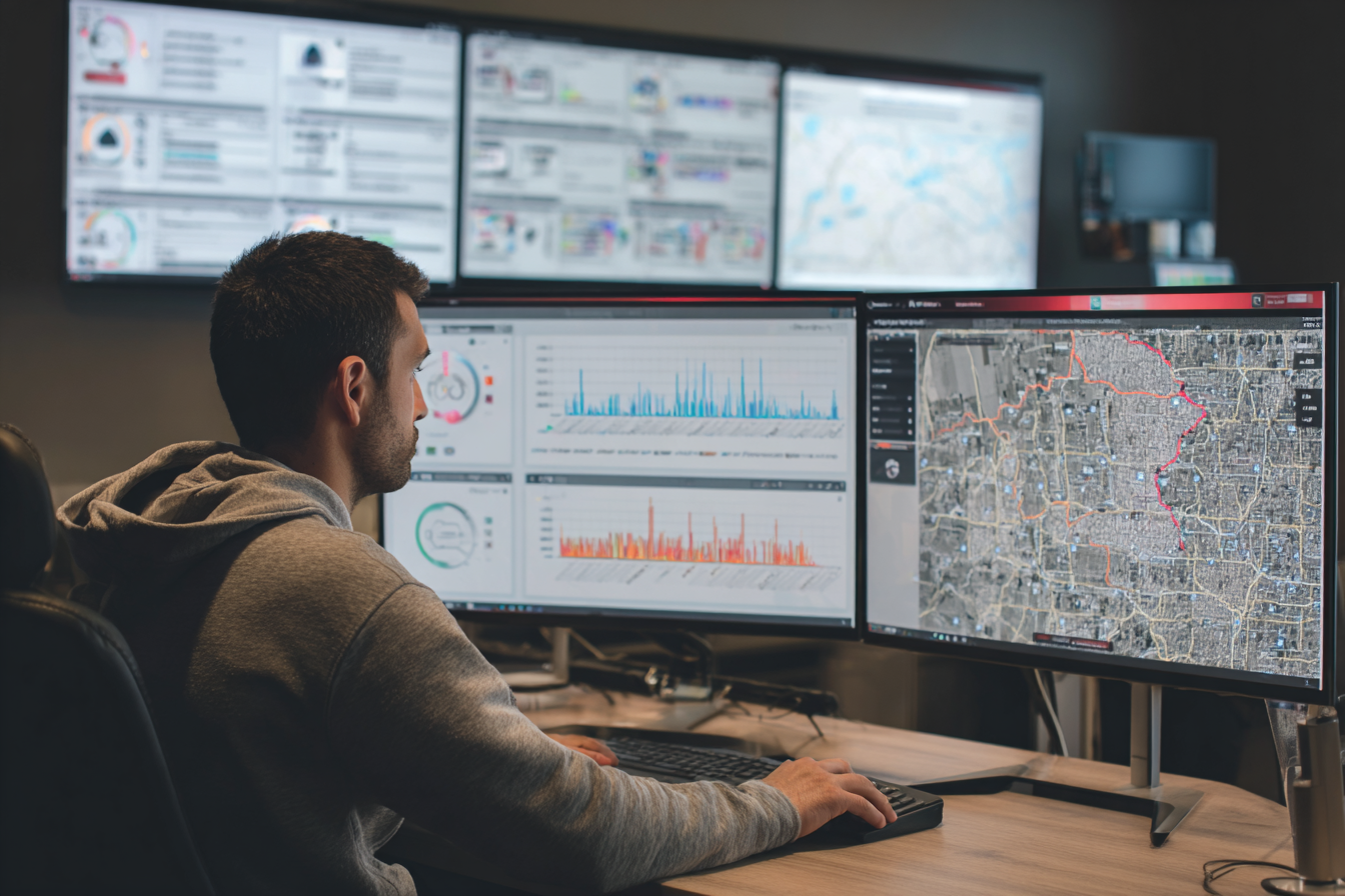 technicien d’une société de service informatique surveillant un tableau de bord de cybersécurité