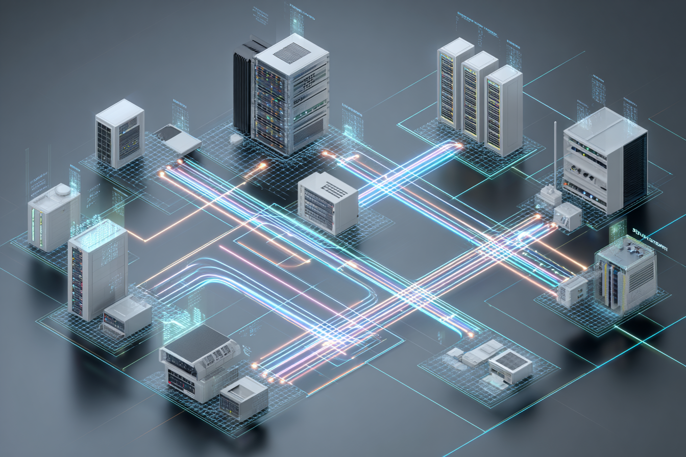 schéma de gestion réseau informatique reliant serveurs, firewall, switches et accès distants