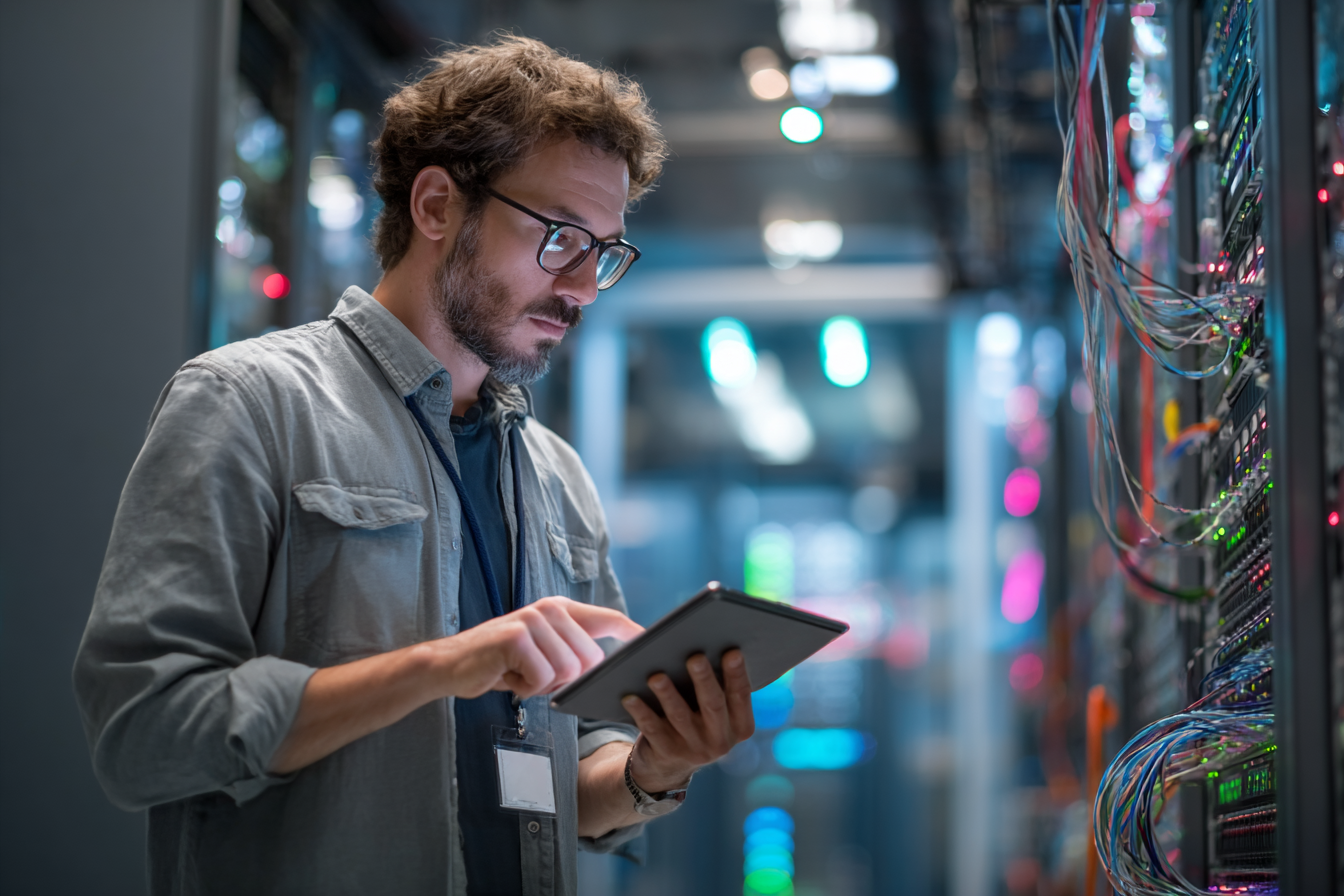 technicien réseau consultant un plan de maintenance des réseaux informatiques sur une tablette