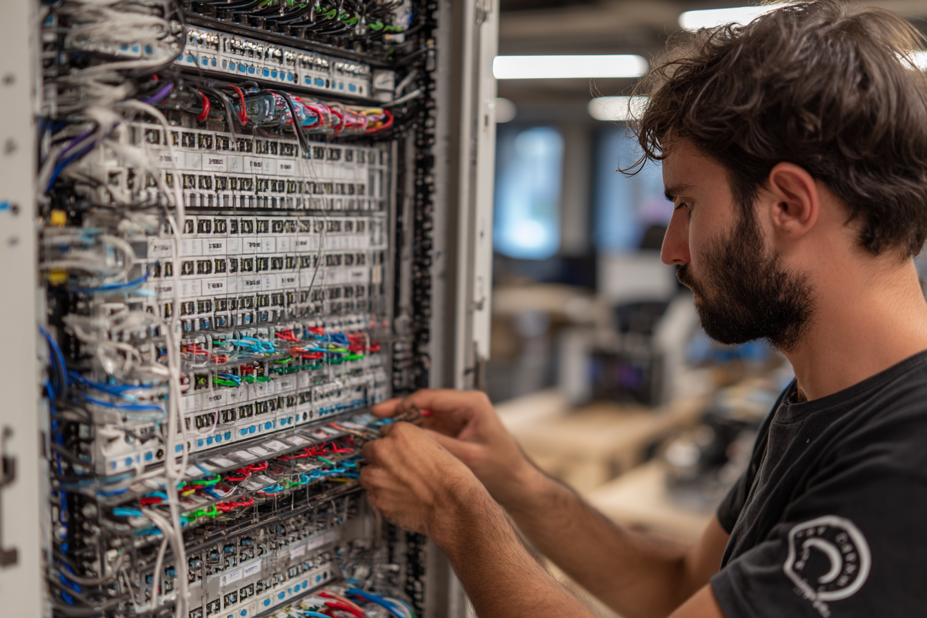 équipe technique installant un nouvel équipement informatique dans un bureau d’entreprise