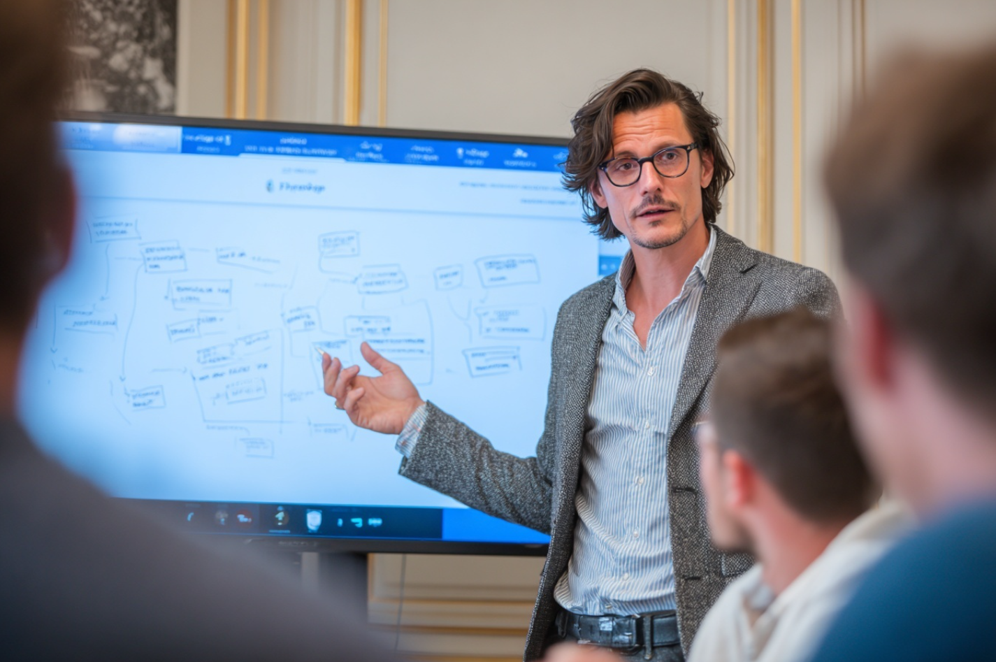 consultant cloud présentant un schéma de migration à une équipe dirigeante