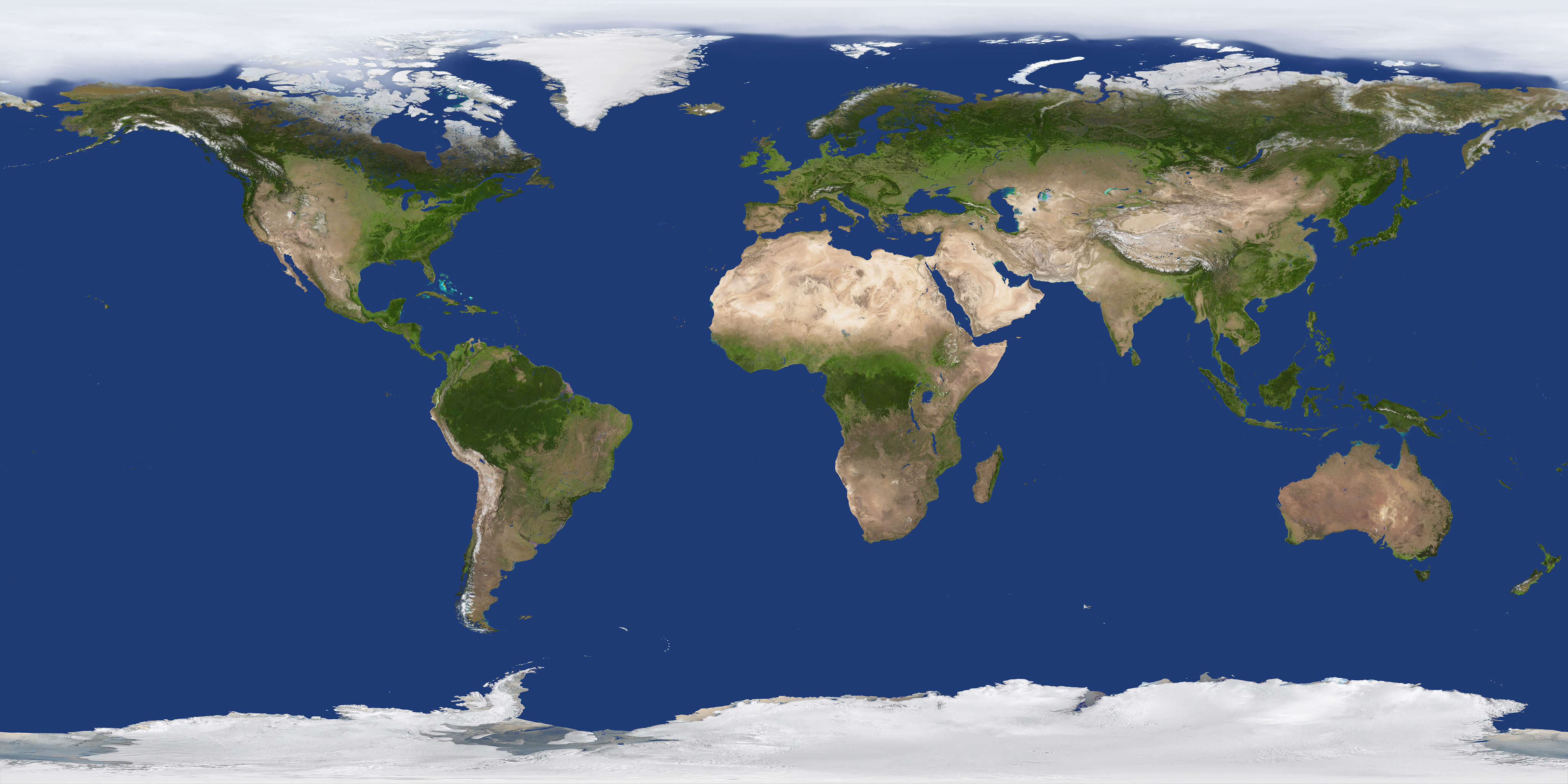 Satellite view of the world map showing continents and oceans with natural colors and cloud cover near poles.