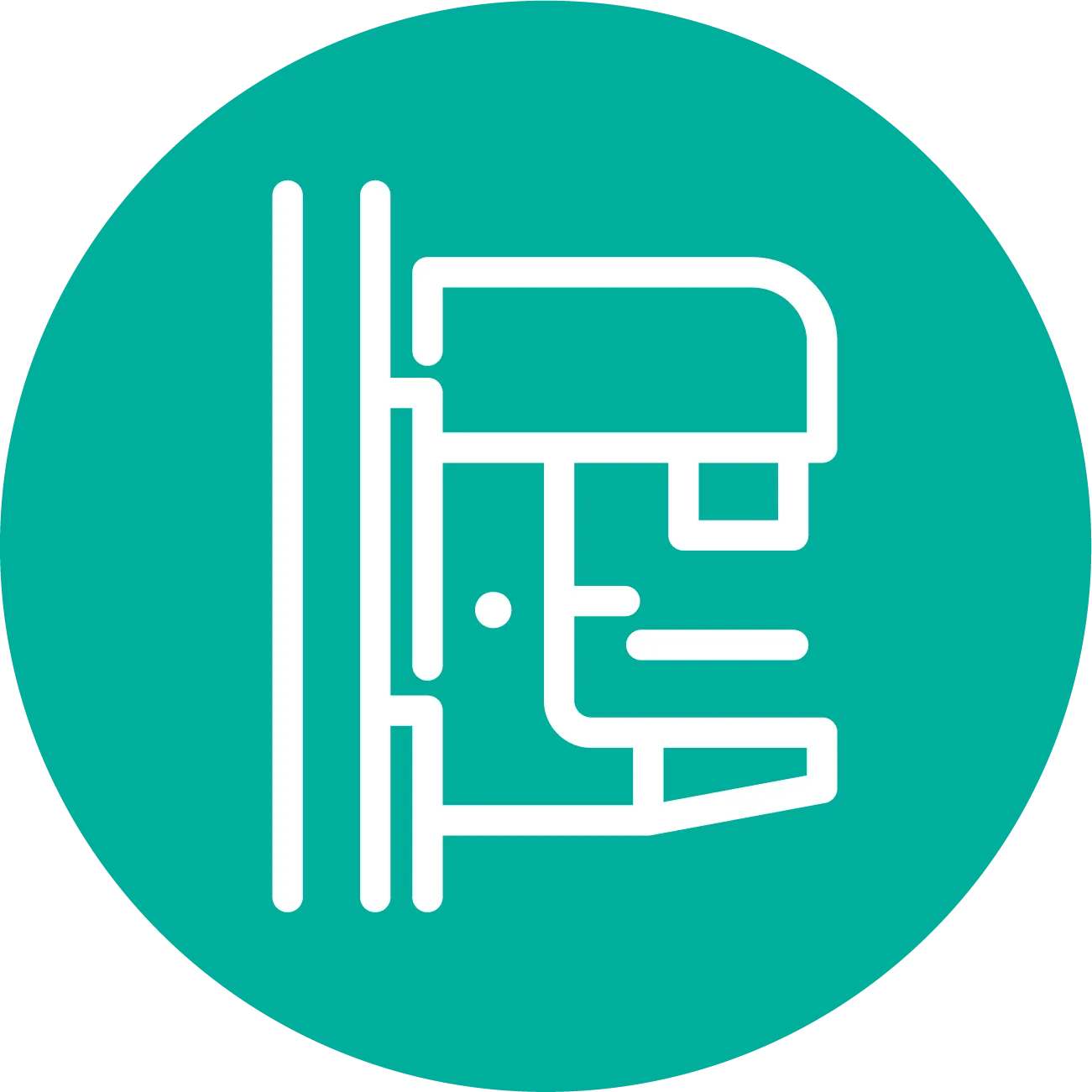 White line icon of a mammography machine on a teal circular background.