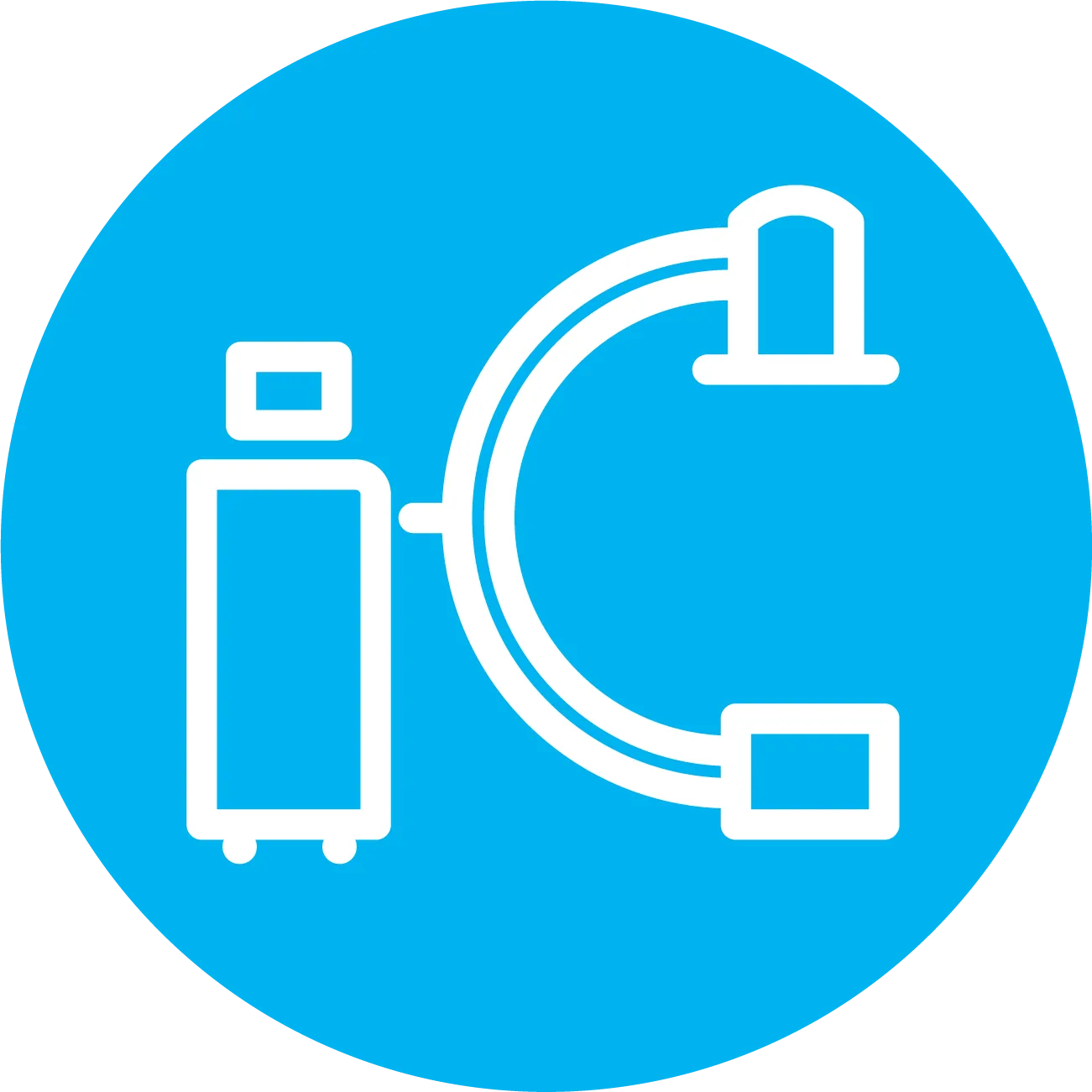 White line drawing icon of a portable C-arm X-ray machine on a blue circular background.