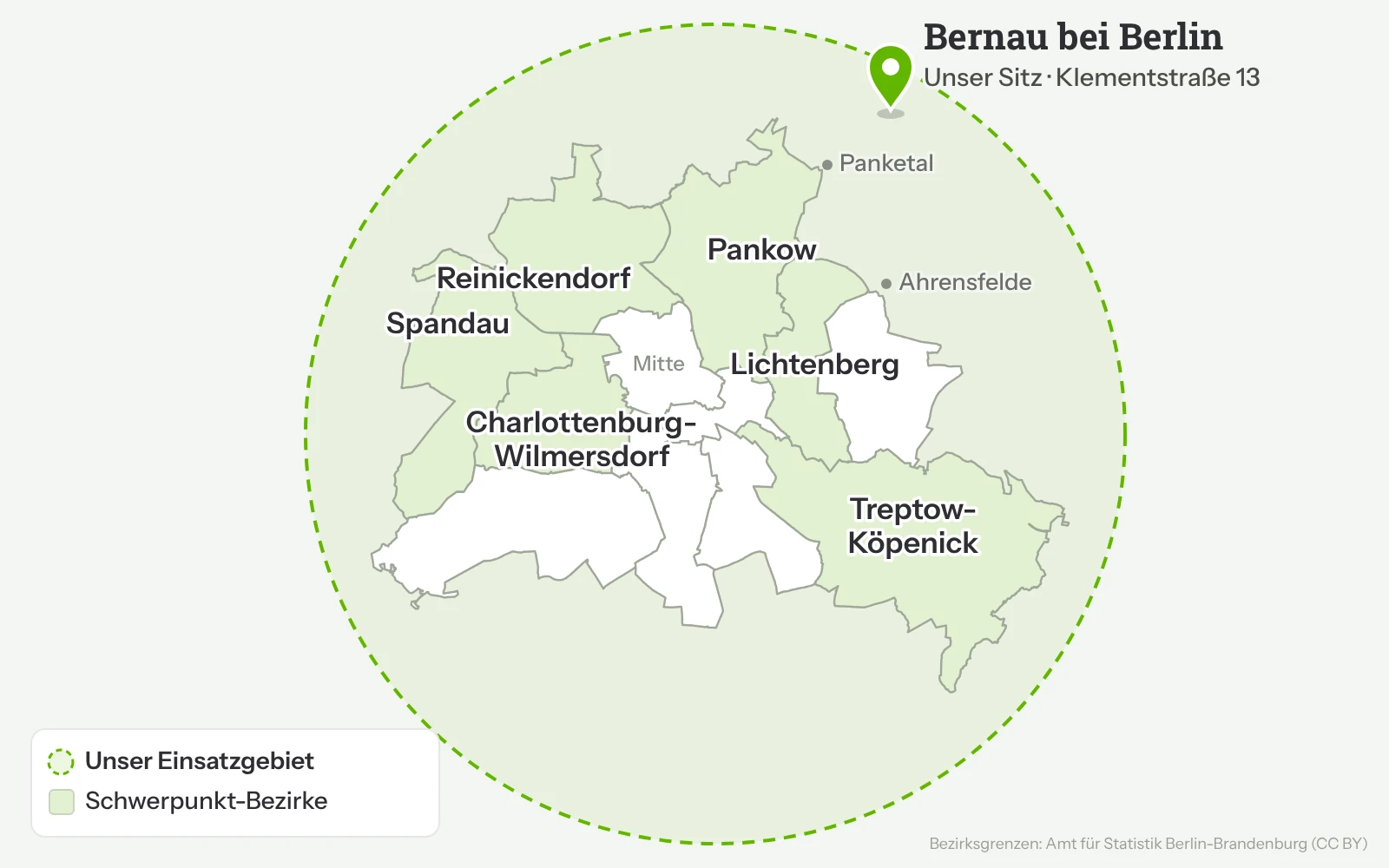 Karte Einsatzgebiet von W&R Baumpflege: Sitz in Bernau bei Berlin, Einsatz in ganz Berlin mit Schwerpunkt Pankow, Reinickendorf, Lichtenberg, Spandau, Charlottenburg-Wilmersdorf und Treptow-Köpenick