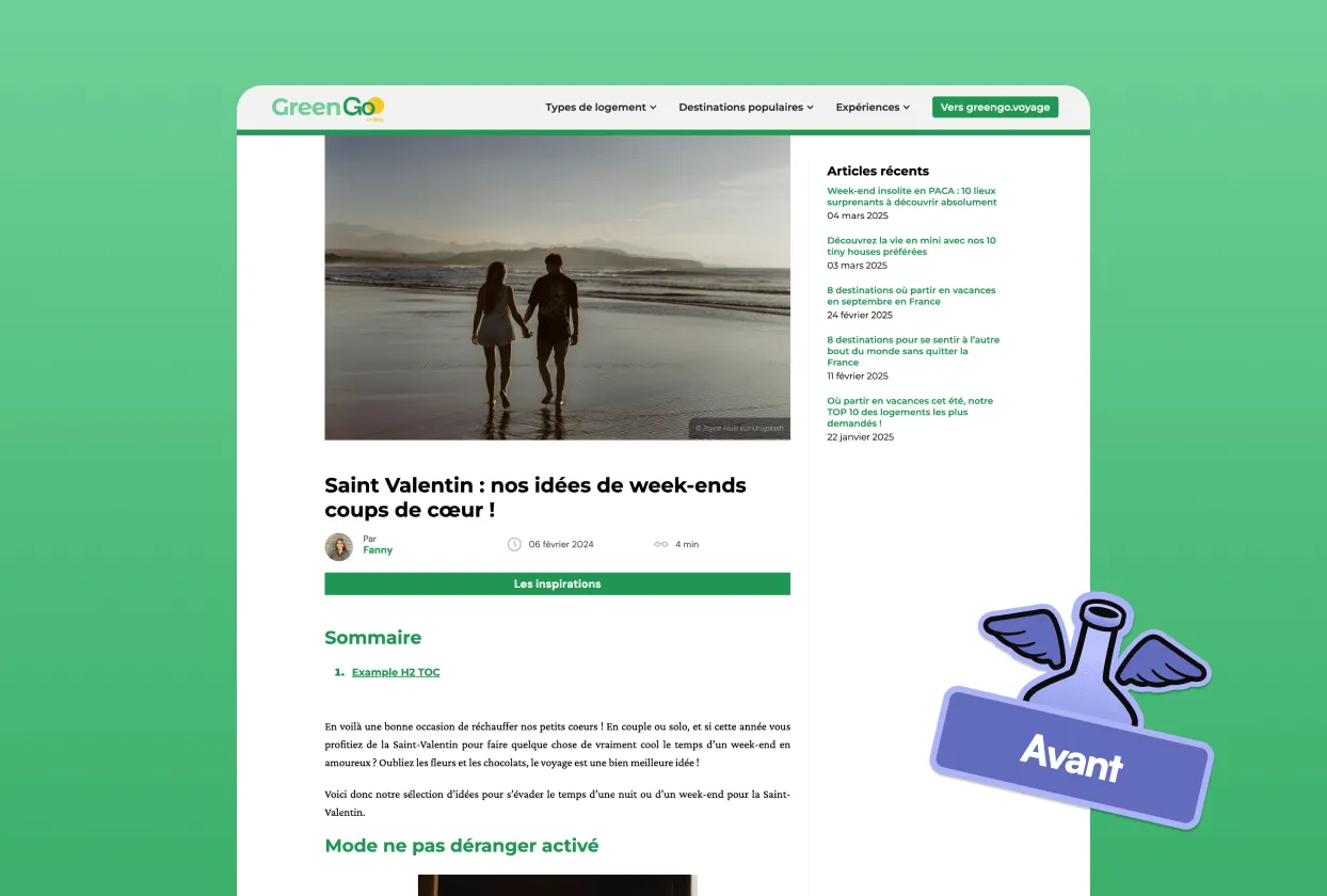 Page d’article GreenGo avant refonte avec une grande image en tête d’un couple marchant sur la plage au coucher de soleil, et une mise en page simplifiée.