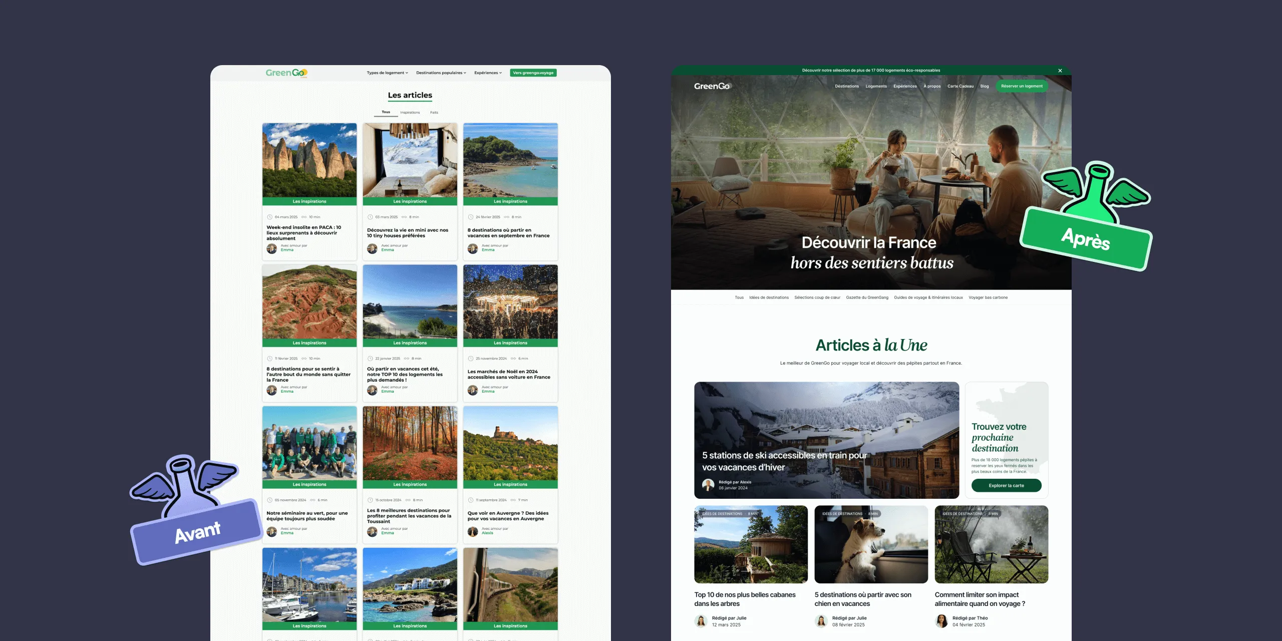 Comparaison de la page d'accueil GreenGo avant et après refonte, illustrant l'amélioration du design avec une mise en page plus moderne et immersive.