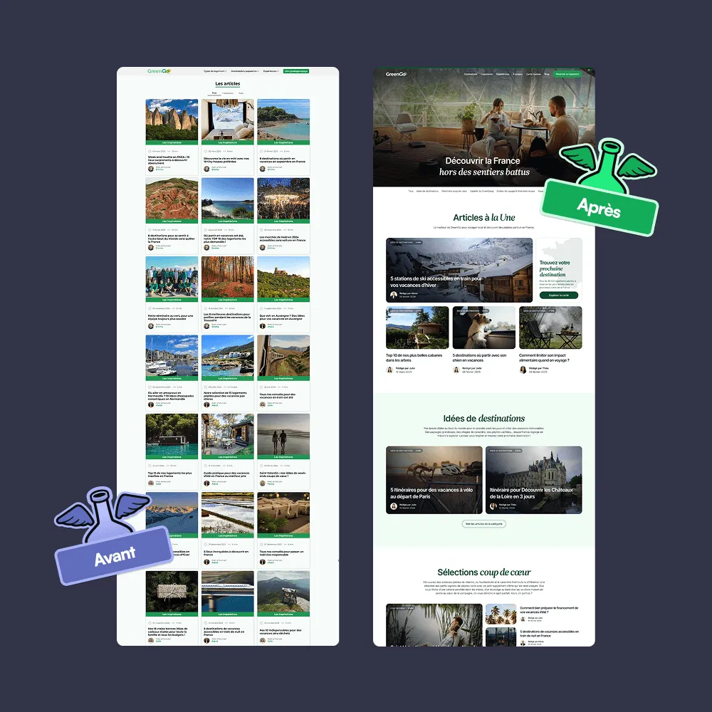 Comparaison de la page d'accueil GreenGo avant et après refonte, illustrant l'amélioration du design avec une mise en page plus moderne et immersive.