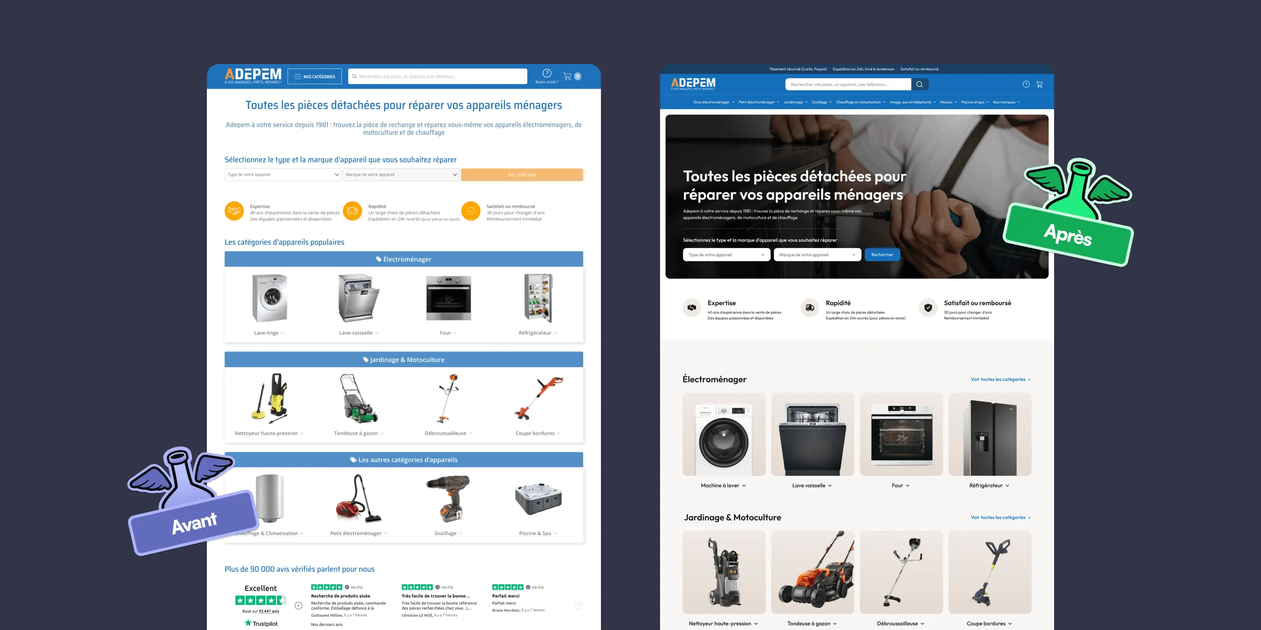 Comparaison entre l'ancienne et la nouvelle page d'accueil du site Adepem, avec mise en avant des produits et des catégories d'appareils.