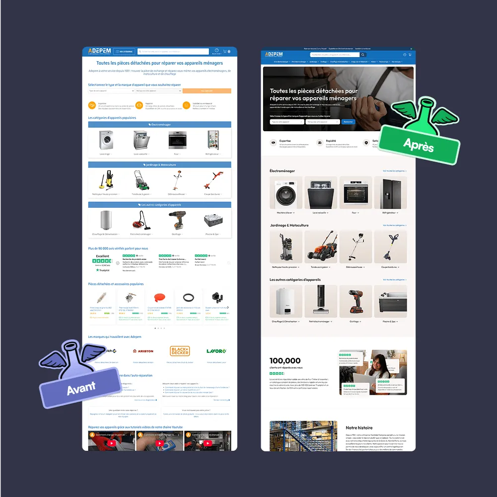 Comparaison entre l'ancienne et la nouvelle page d'accueil du site Adepem, avec mise en avant des produits et des catégories d'appareils.