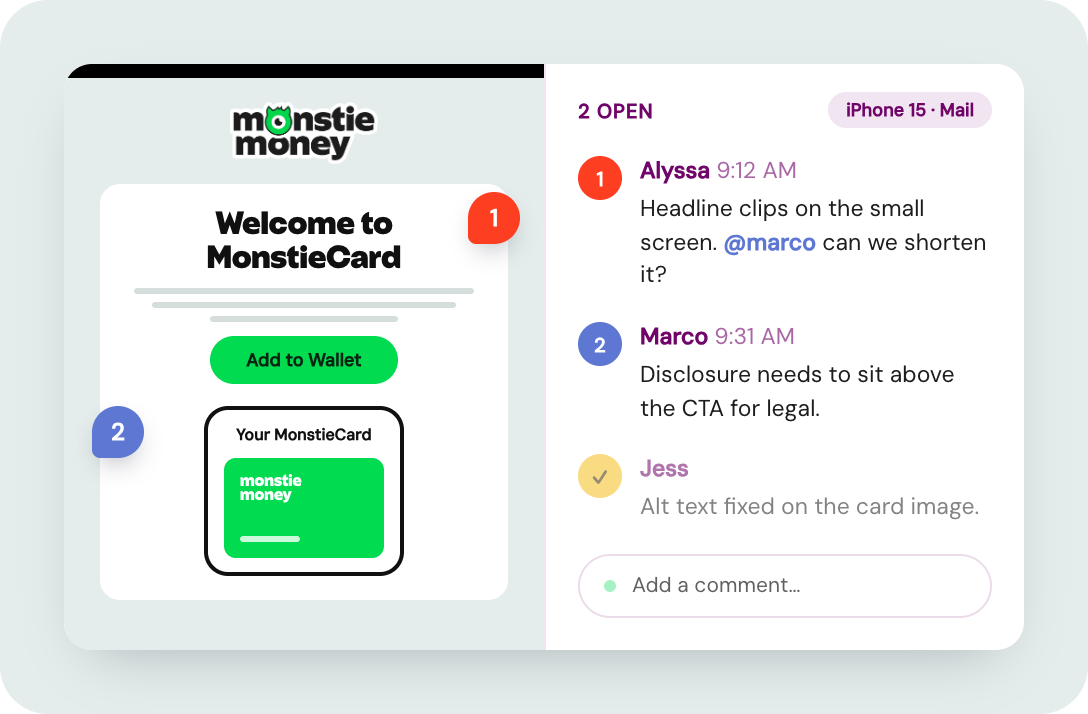 A proofing project with numbered comment pins on the email rendering and a comment thread beside it, where Alyssa tags @marco about a clipping headline on iPhone 15 Mail.