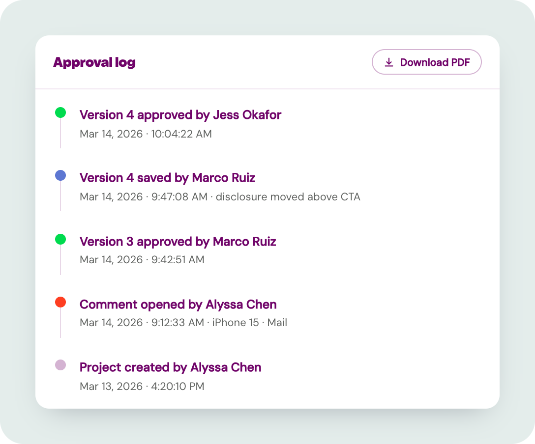 Approval log timeline of a proofing project, from creation through a comment, two version approvals and version 4 signed off at 10:04:22 AM, with a download-as-PDF option.