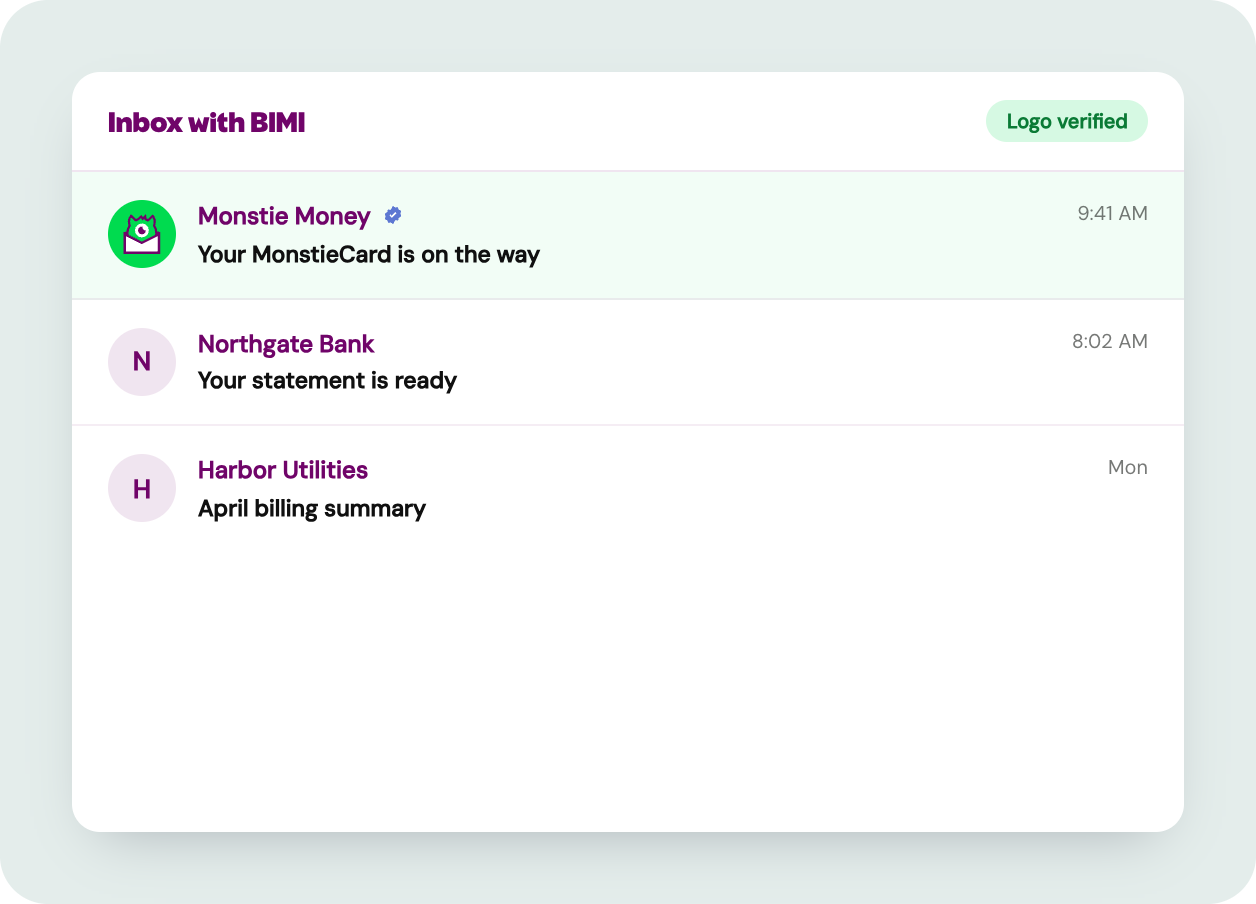 Inbox view with BIMI enabled, showing a verified brand logo and blue check on the sender's message beside unverified senders with plain letter avatars.