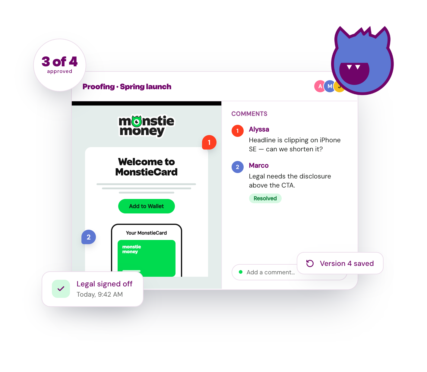 Inbox Monster proofing view of a Spring launch email with two pinned comments from Alyssa and Marco, 3 of 4 reviewers approved.