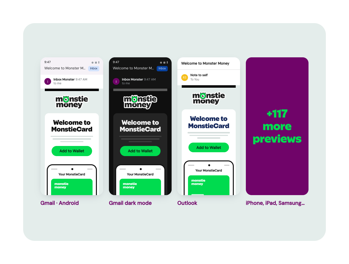 Four preview tiles of one email side by side: Gmail on Android, Gmail dark mode, Outlook, and a purple tile reading +117 more previews for iPhone, iPad and Samsung