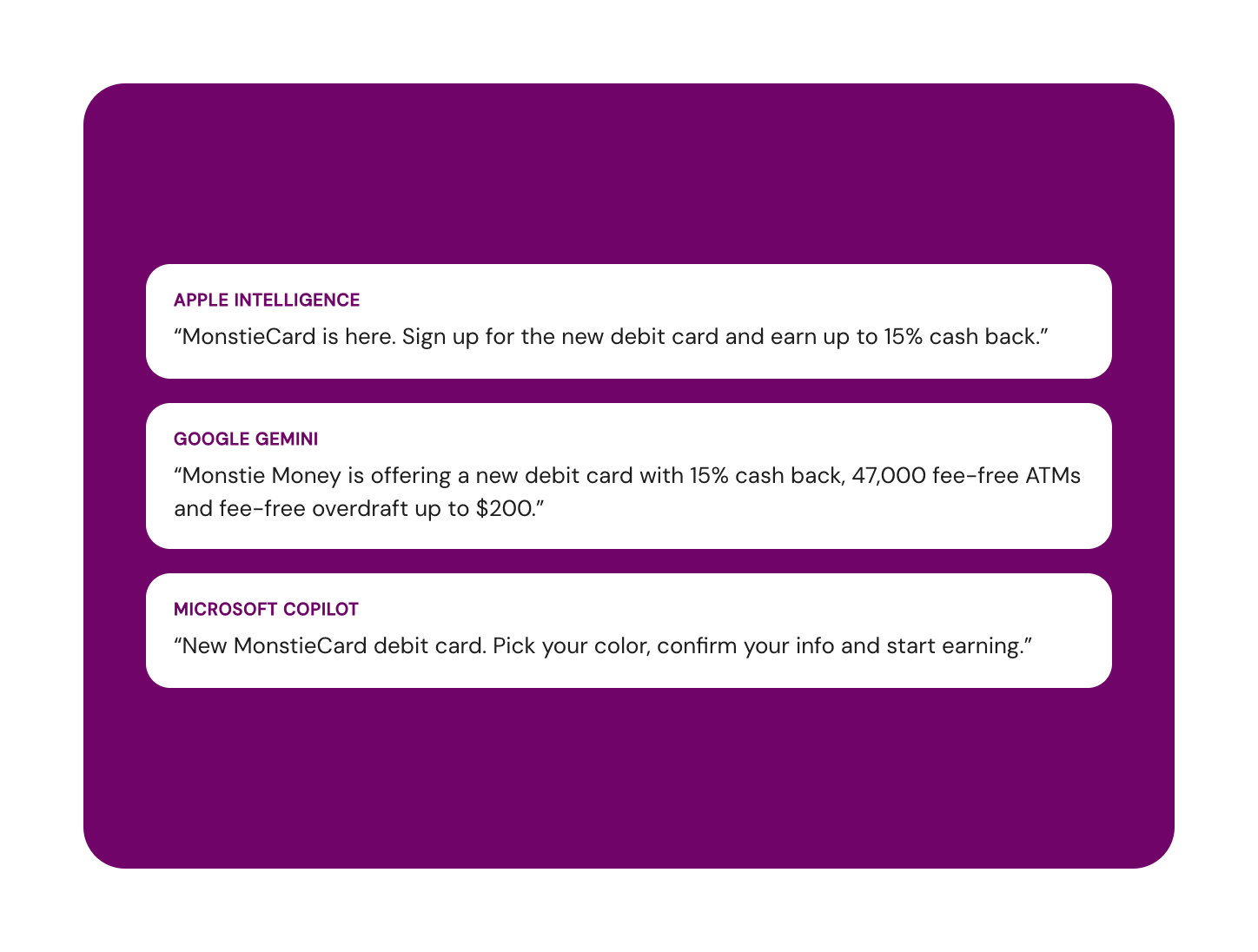 Three AI inbox summaries of the same email as written by Apple Intelligence, Google Gemini and Microsoft Copilot, each pulling out different offer details