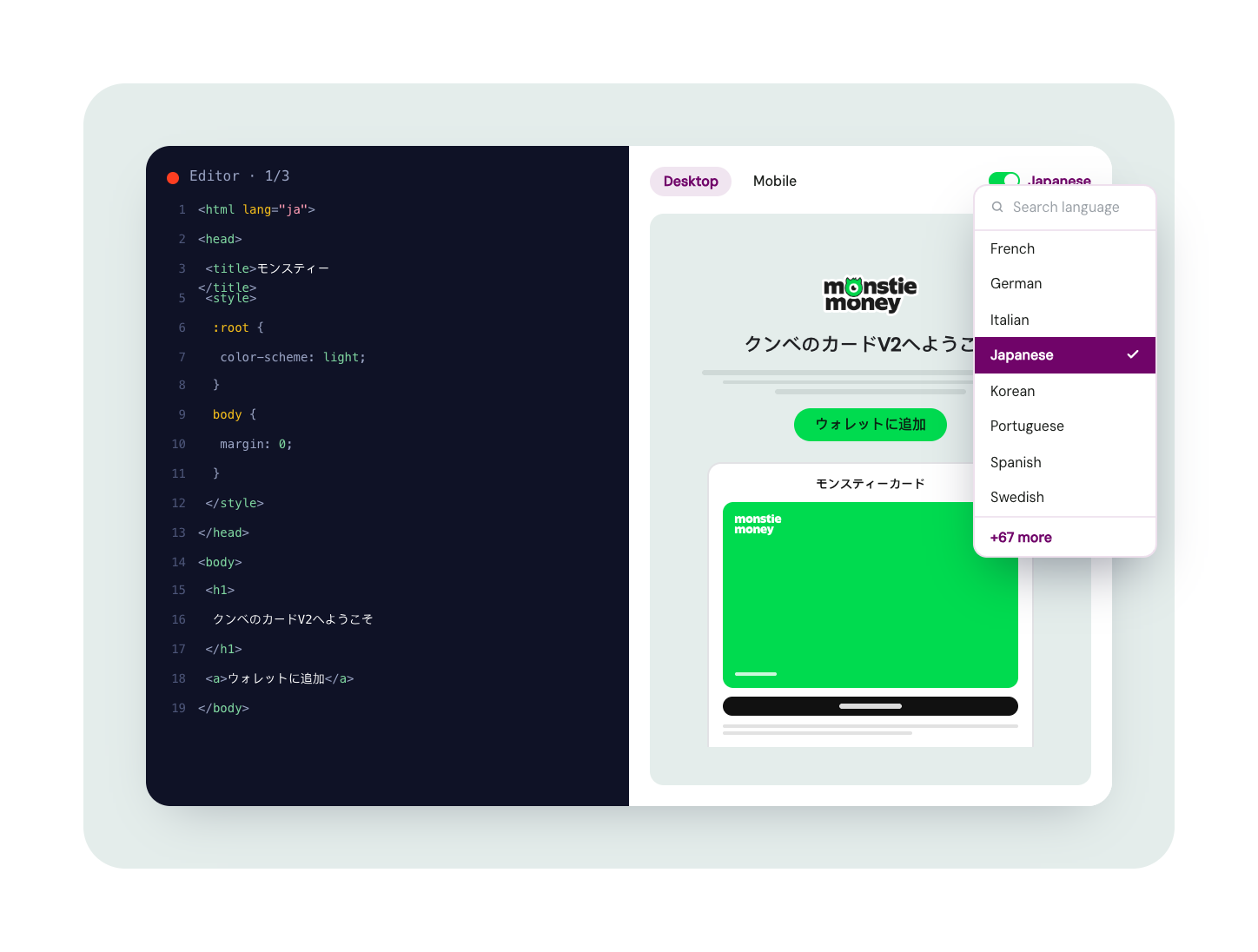 Template translation view with the Japanese email HTML in the code editor beside its rendered preview, and a language menu listing eight languages plus 67 more