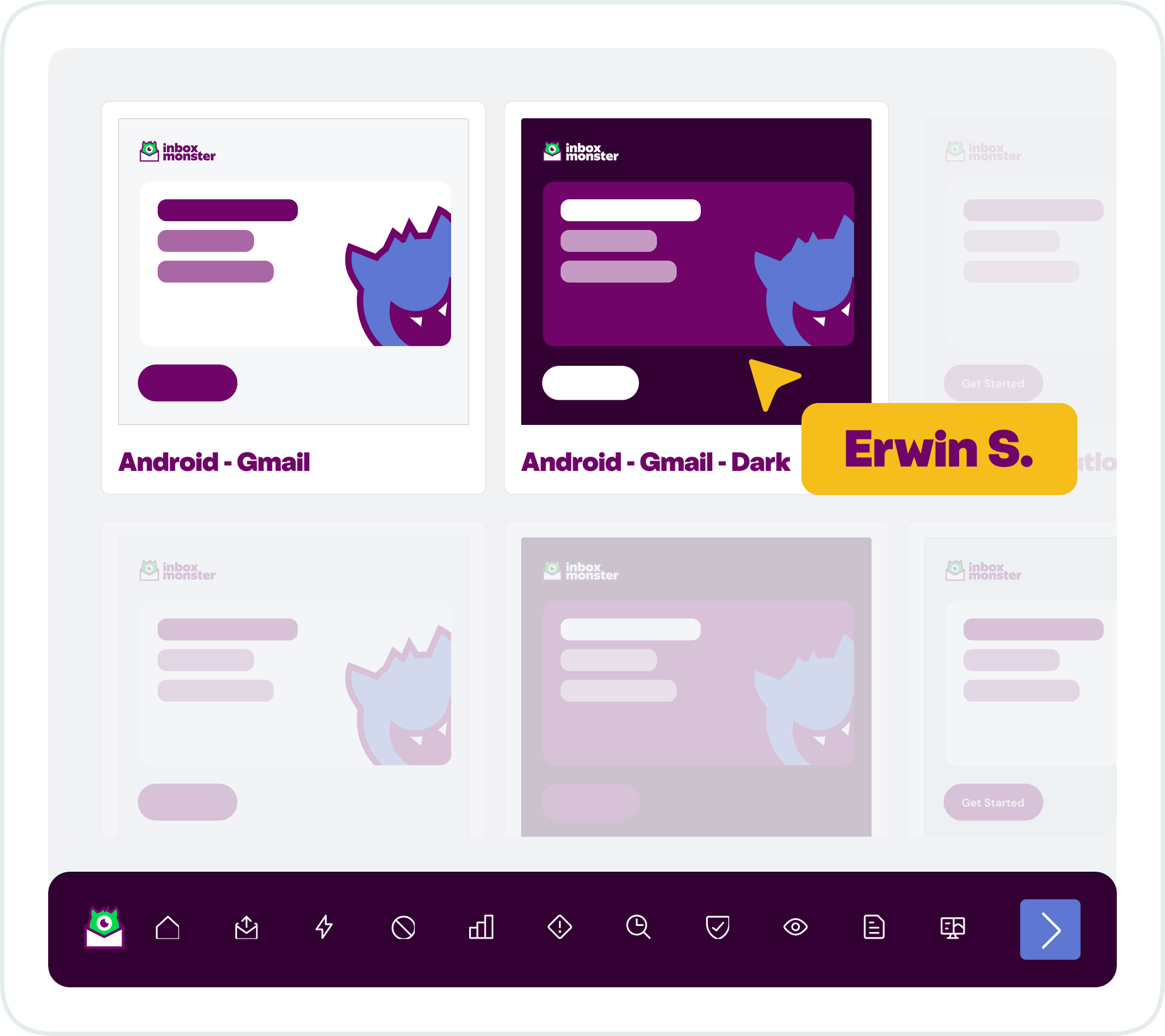 Inbox Monster preview gallery showing one email rendered on Android Gmail and Android Gmail dark mode, with a teammate's cursor labeled Erwin S. and more previews behind.