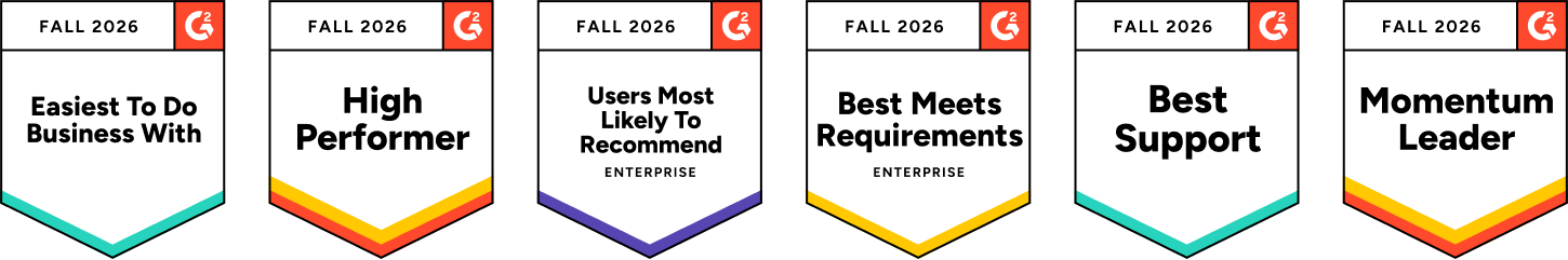 Six G2 Fall 2026 badges: Easiest To Do Business With, High Performer, Users Most Likely To Recommend - Enterprise, Best Meets Requirements - Enterprise, Best Support, and Momentum Leader.
