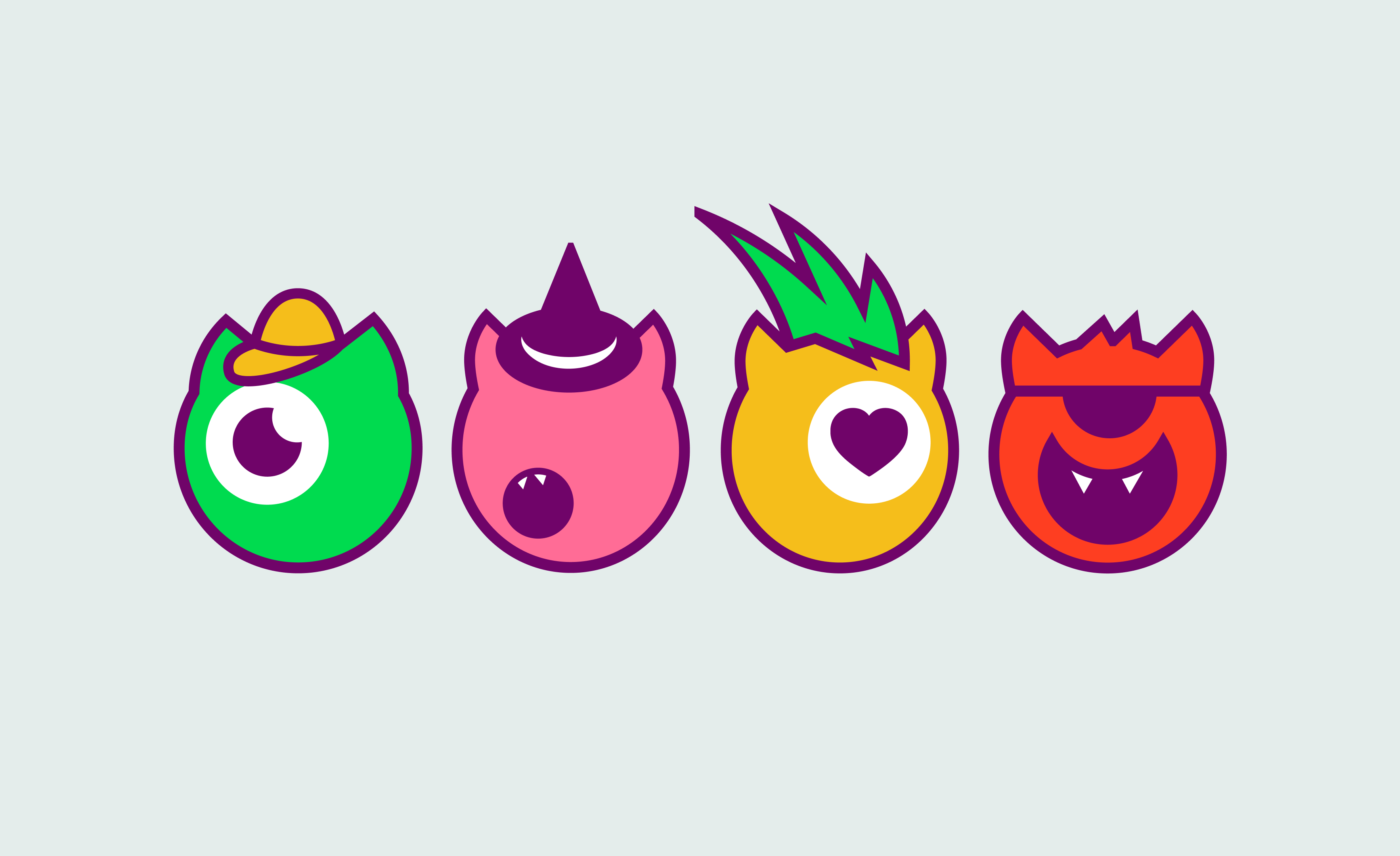 Four colorful Monstie heads with single eyes or mouths: green with a yellow hat and one eye, pink with a witch hat and two fangs, yellow with green spiky hair and a heart eye, and red with an eyepatch and two fangs.