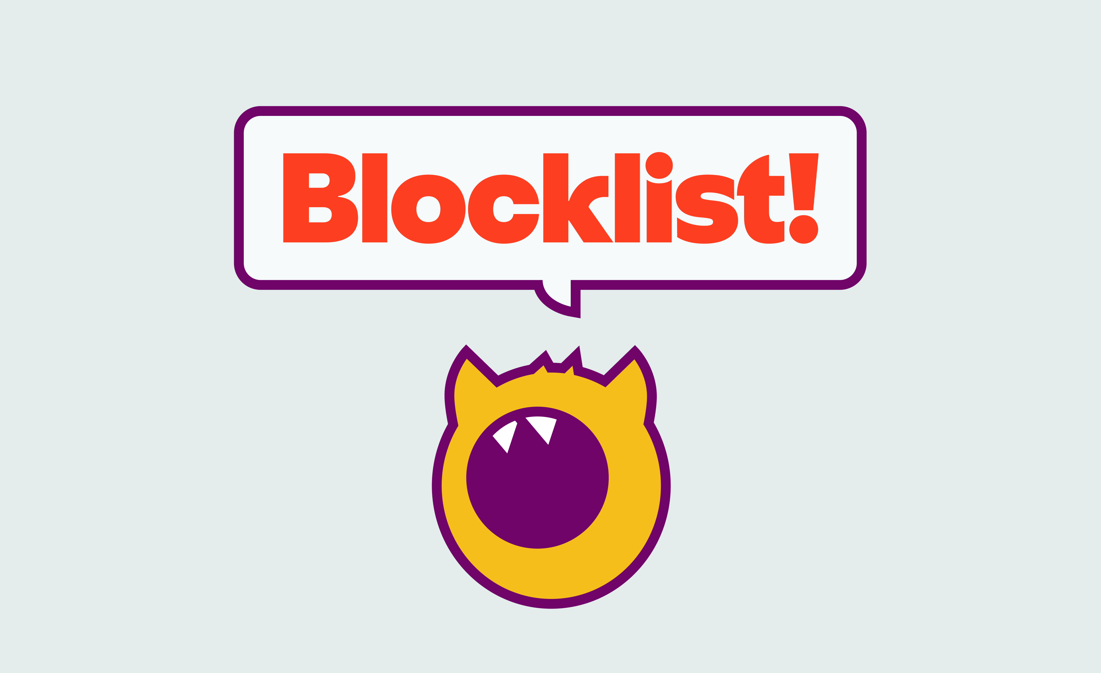 A yellow Monstie character with open mouth saying "Blocklist!" in a quote bubble.