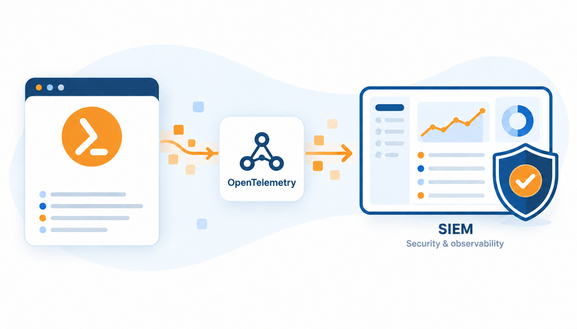 Diagram showing data flow from a window with a PowerShell icon through OpenTelemetry, represented by a connected node icon, to a SIEM dashboard with charts and a shield checkmark symbolizing security and observability.