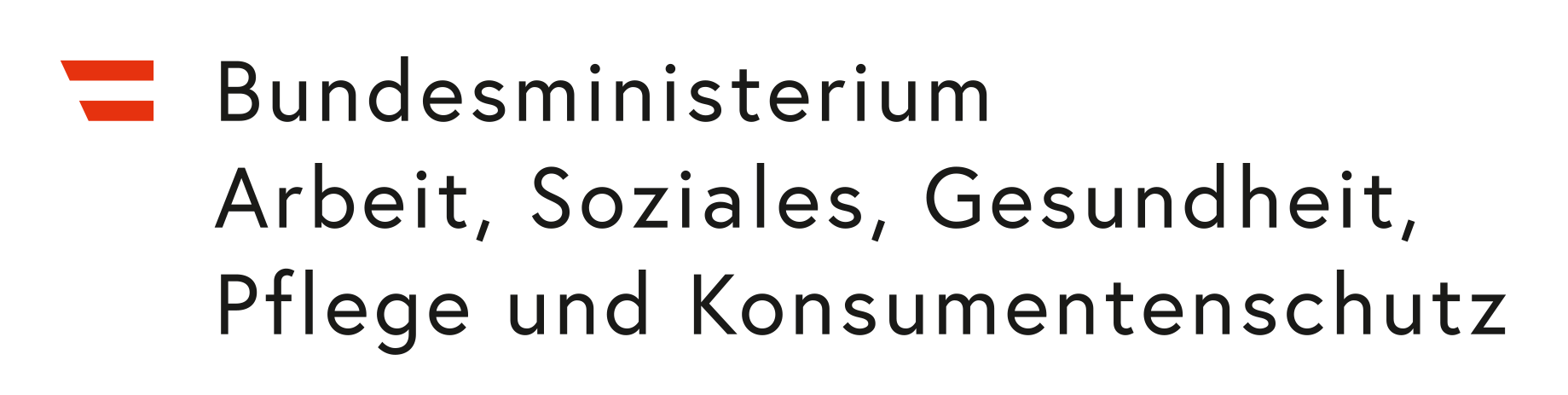 Logo of Bundesministerium Arbeit, Soziales, Gesundheit, Pflege und Konsumentenschutz with two red horizontal stripes on the left.