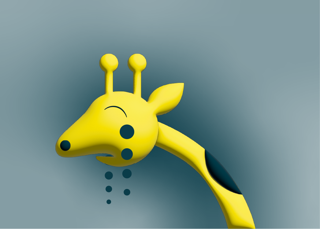 Yellow 3D cartoon giraffe head with closed eyes on a gray background.