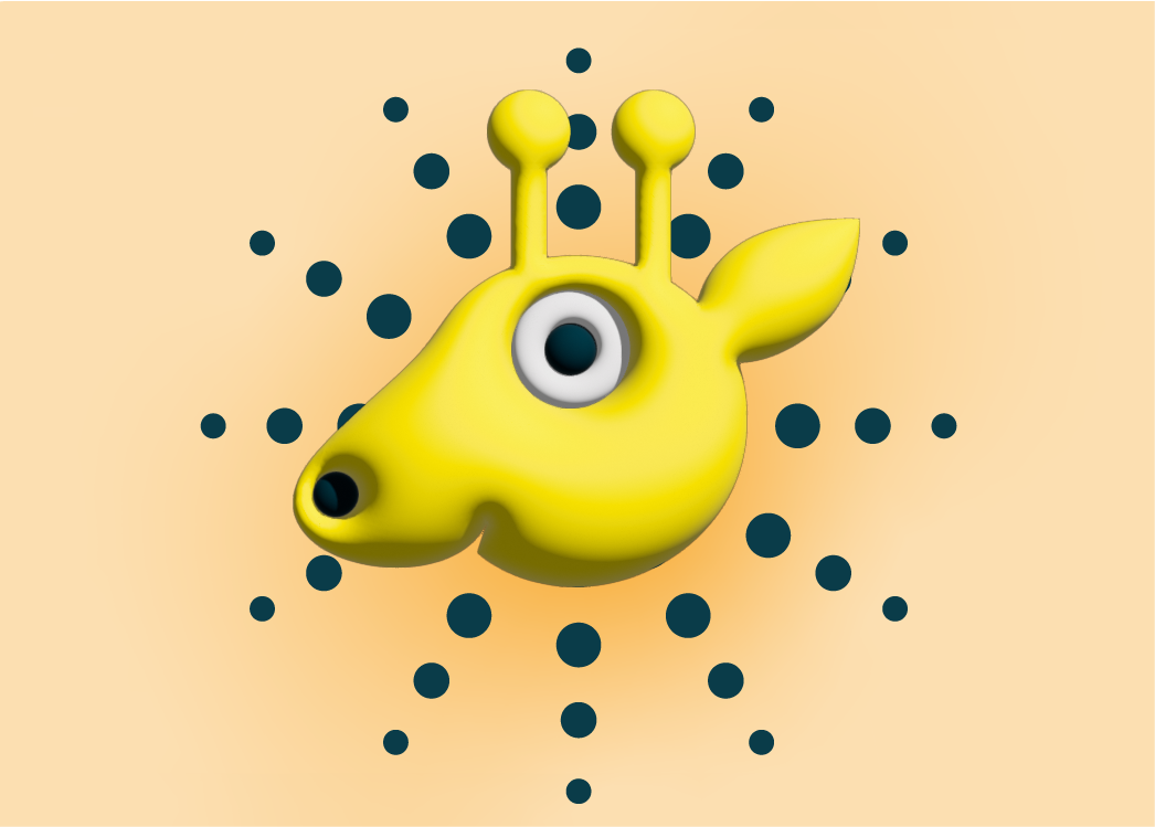 3D illustration of a yellow giraffe head with large eye and blue spots radiating outward on a light orange background.