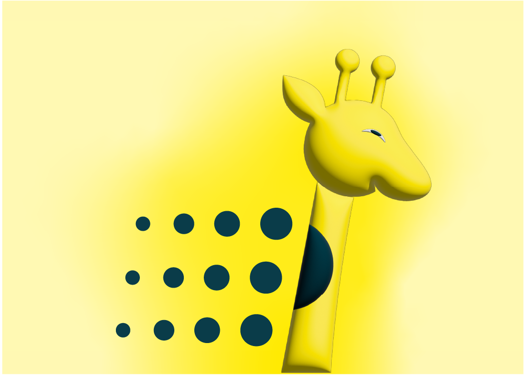 Stylized yellow giraffe head and neck with dark spots on its body against a yellow gradient background.