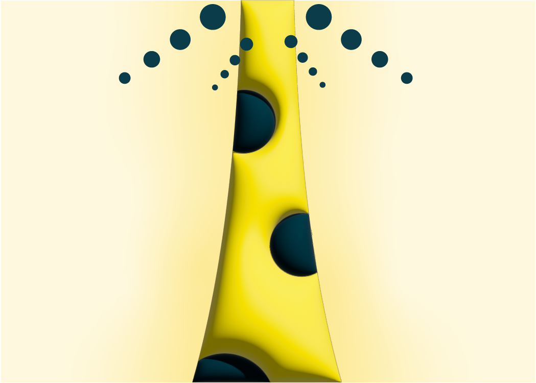 Illustration of a yellow cheese wedge with large black holes, partly covered by yellow flaps and surrounded by black dots in an arc shape.