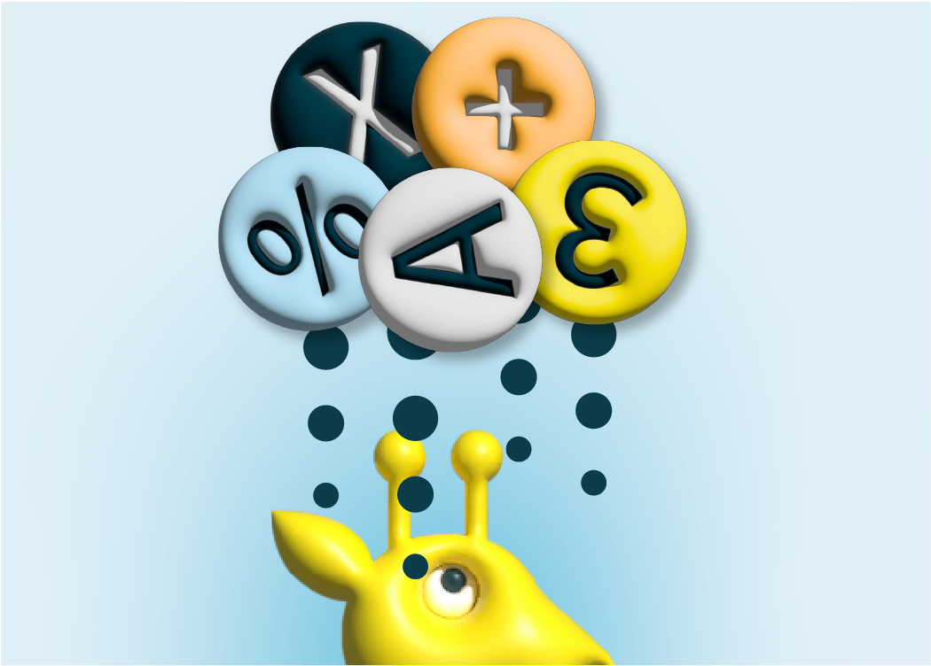 Yellow giraffe looking up at floating colorful buttons with mathematical symbols against a light blue background.