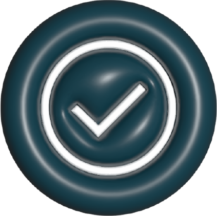 White checkmark inside a white circle on a dark blue circular background.