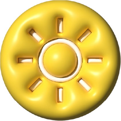 Yellow 3D sun icon with a central circle and eight surrounding rays on a transparent background.