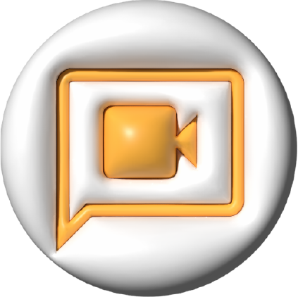 Orange video camera icon inside a speech bubble on a white circular background.