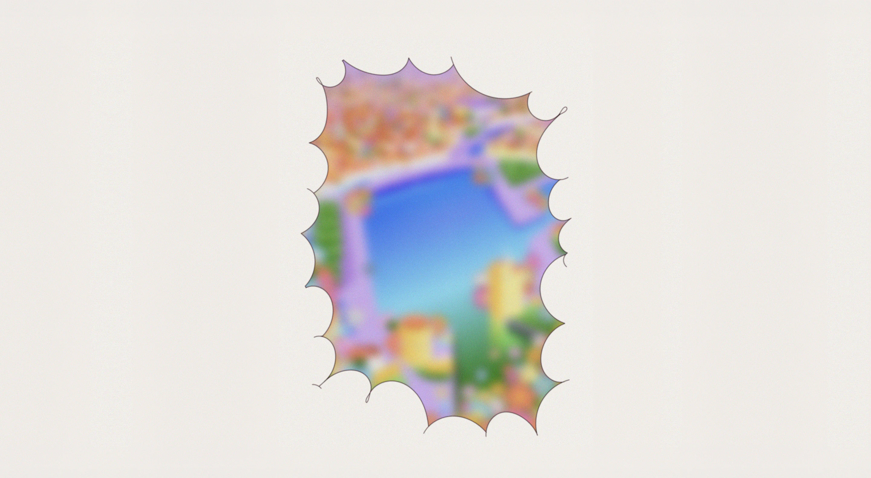 Blurred aerial view through a curved irregular frame, showing water and colorful buildings.